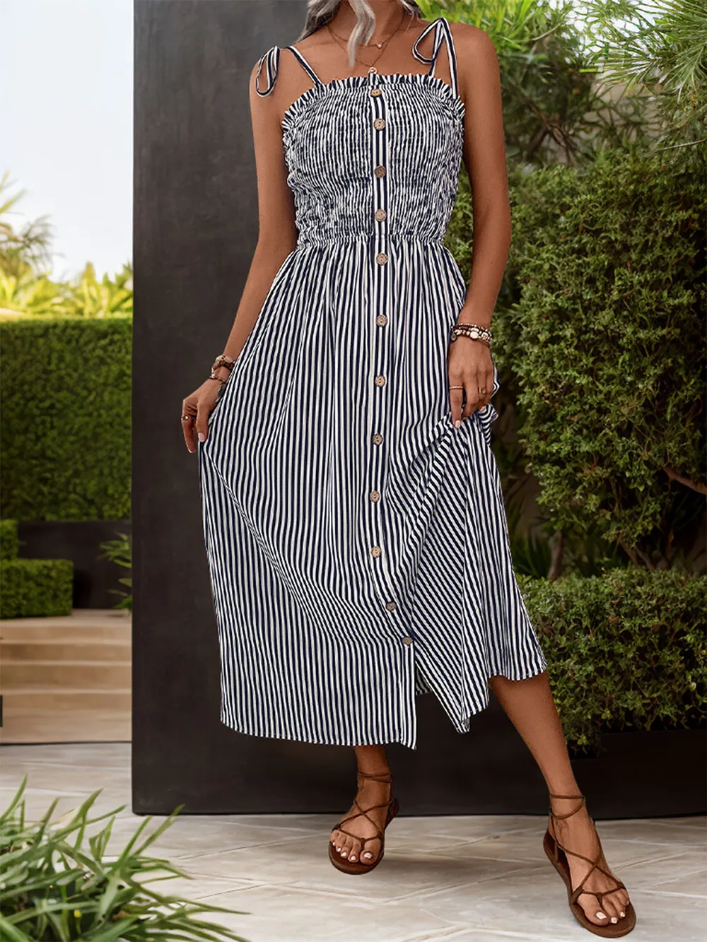 Tied Smocked Striped Sleeveless Midi Dress, image 4