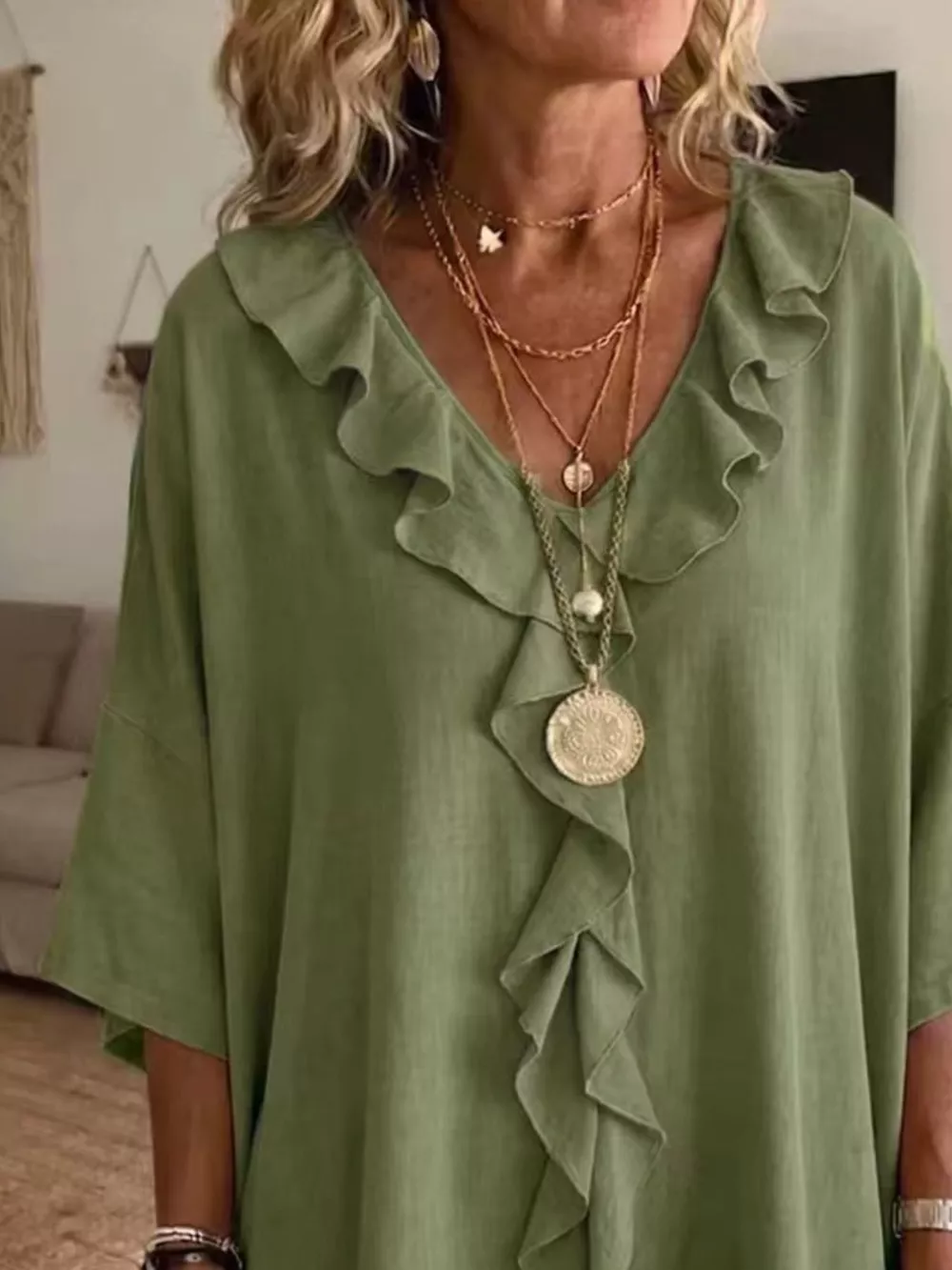 Full Size Ruffle V-Neck 3/4 Sleeve Blouse Plus Size, image 4