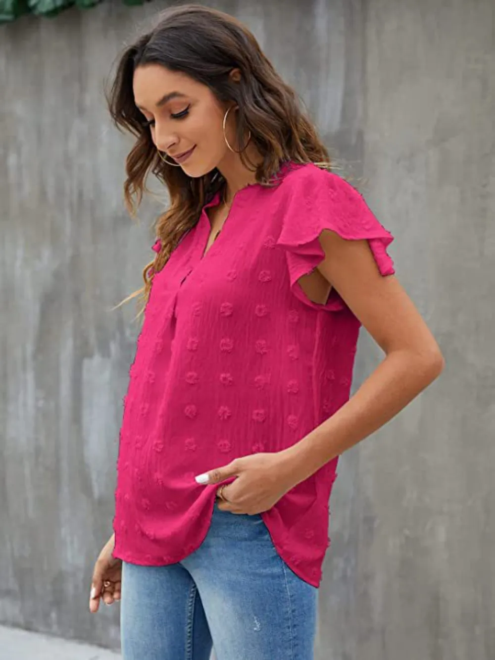 Swiss Dot Notched Cap Sleeve Blouse, image 2