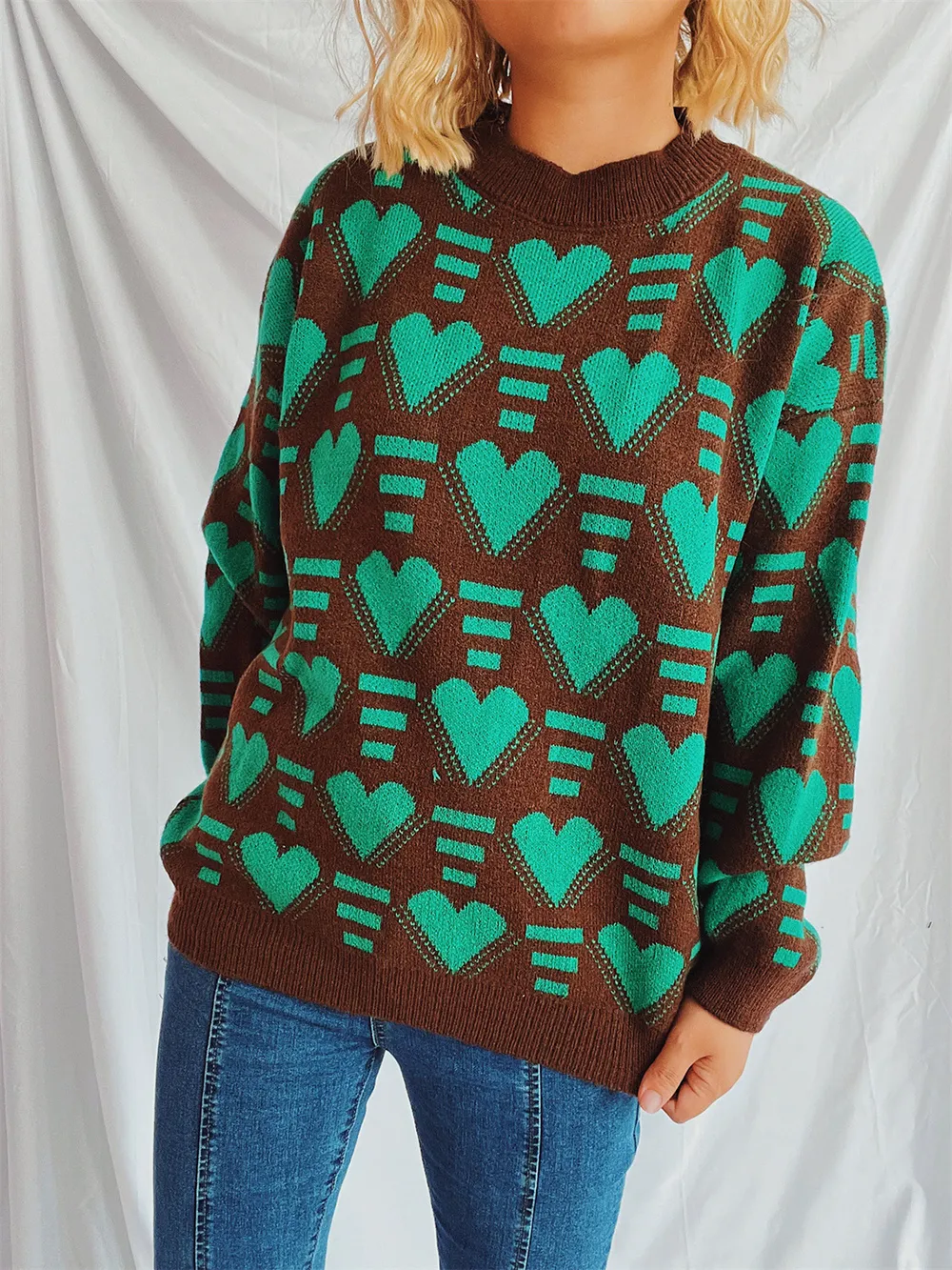 Heart Contrast Long Sleeve Dropped Shoulder Sweater, image 4