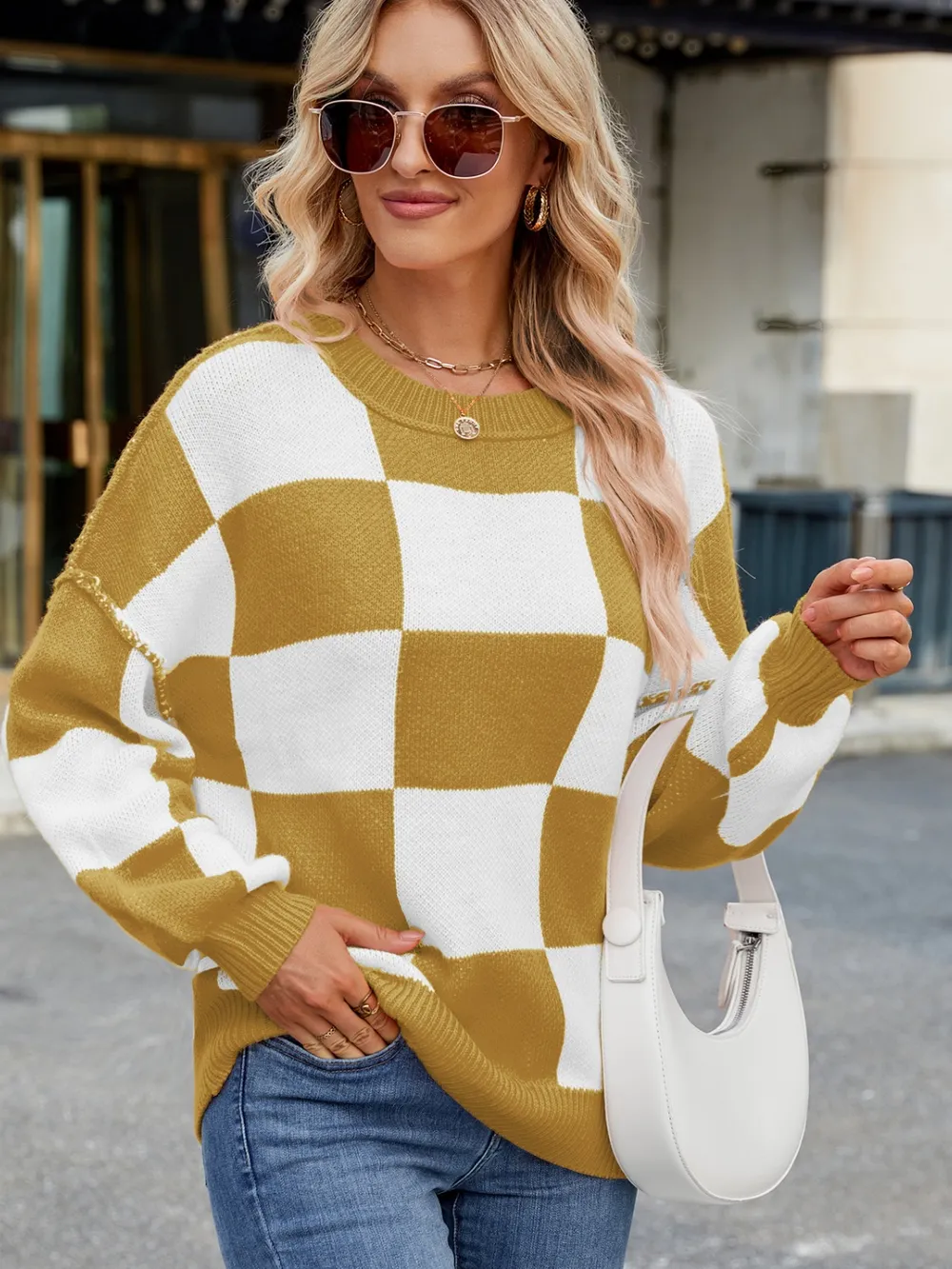 Checkered Round Neck Long Sleeve Sweater, image 16