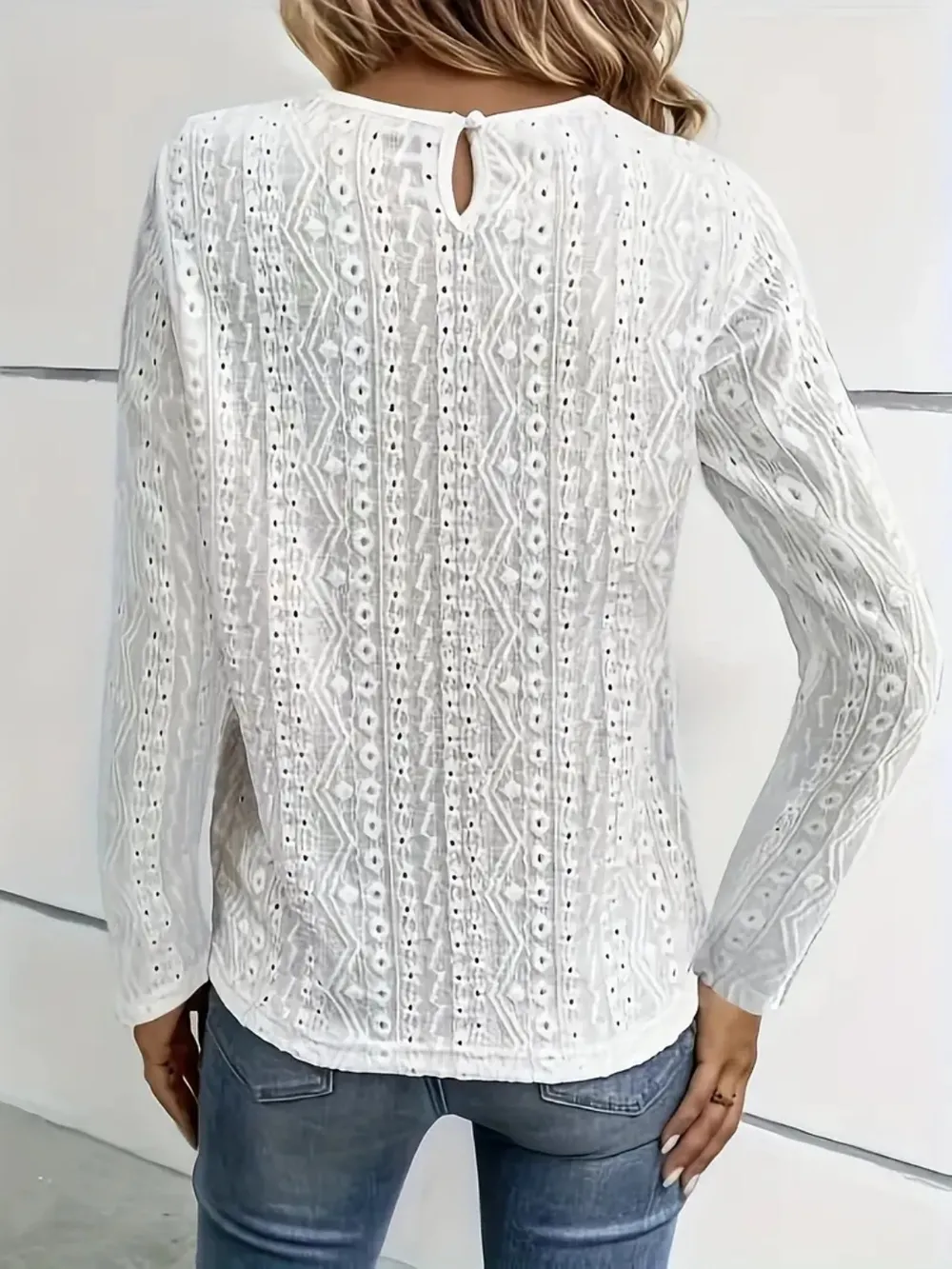 Lace Eyelet Long Sleeve Top, image 3