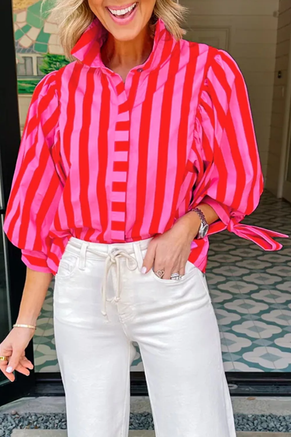 Stripe Puff Sleeve Blouse, image 2