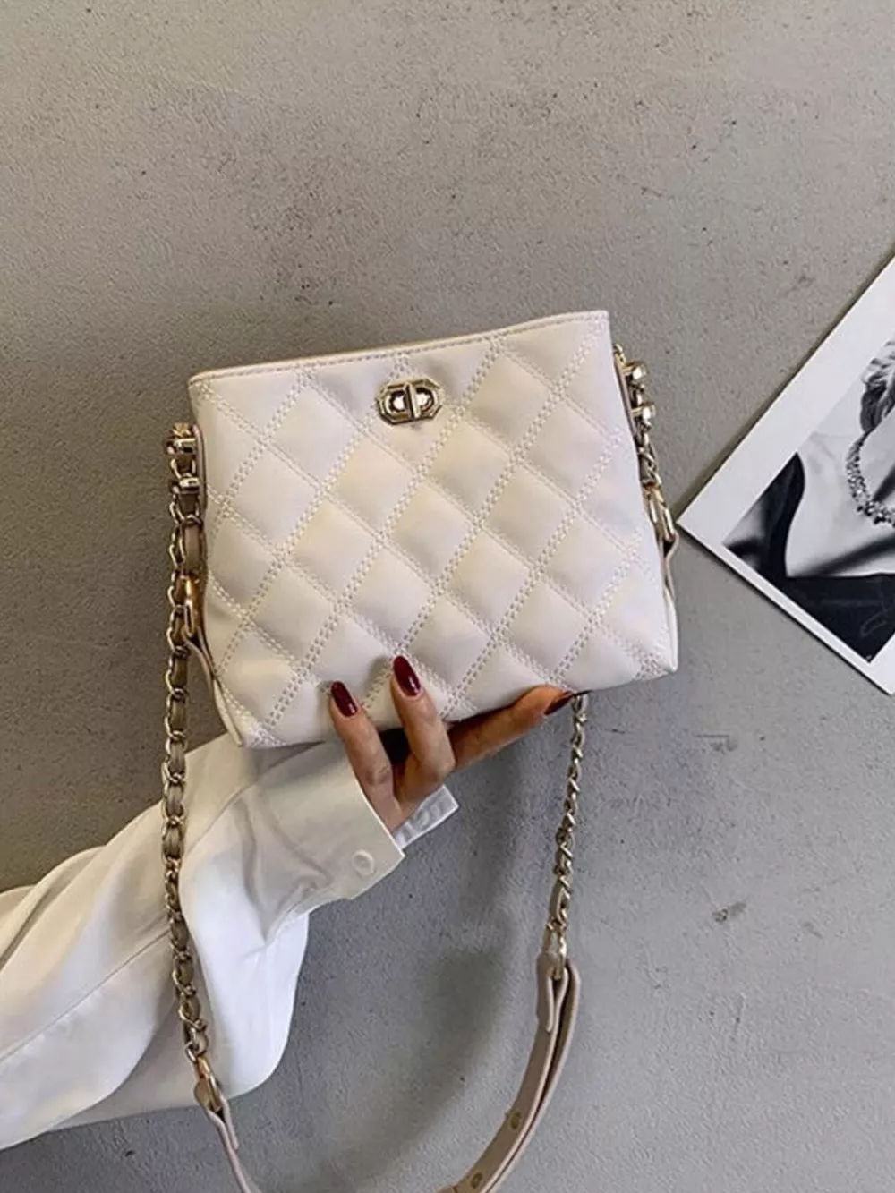 Quilted Bucket Crossbody Bag with Chain Strap, image 8