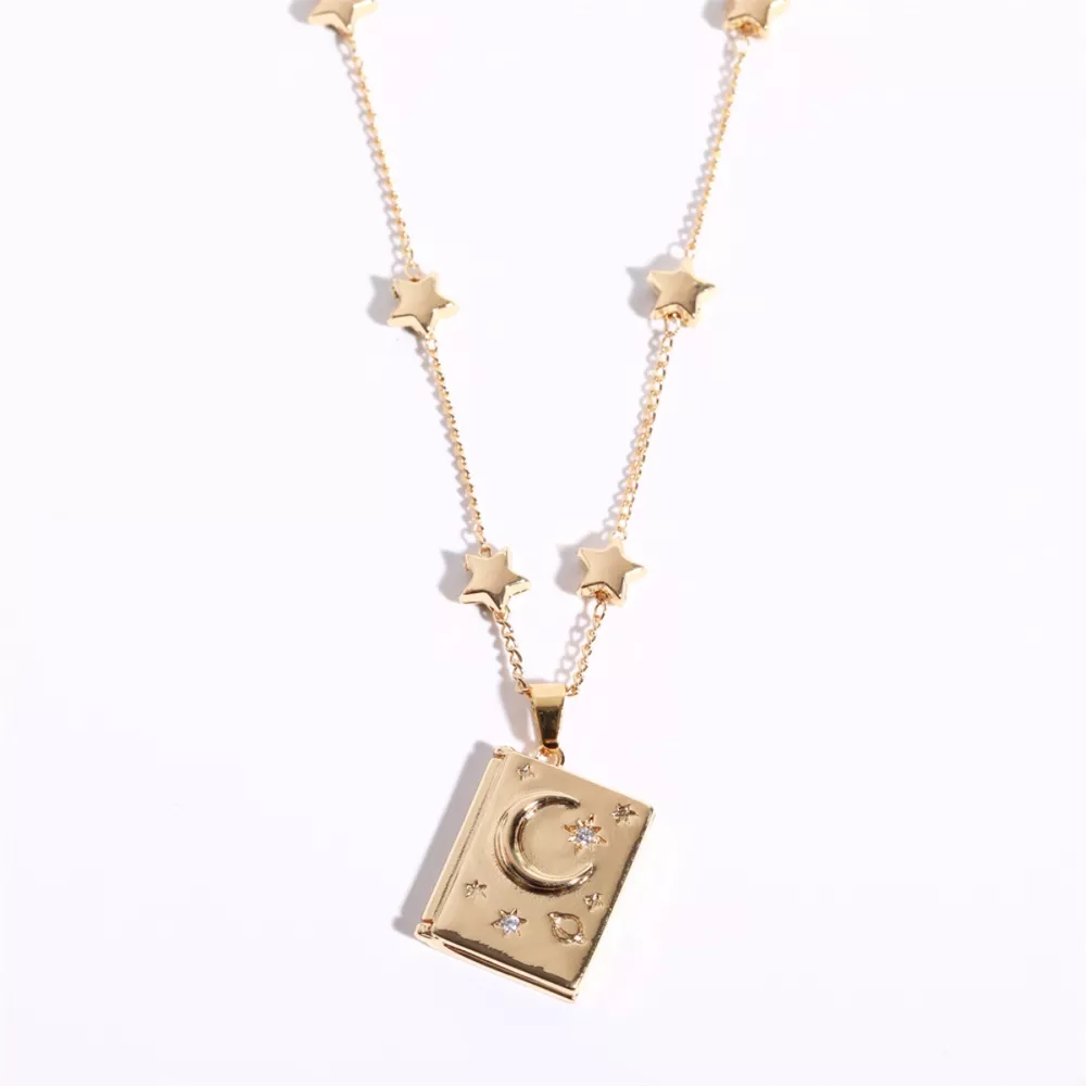 18K Gold-Plated Star Moon Zircon Lock Necklace, image 2