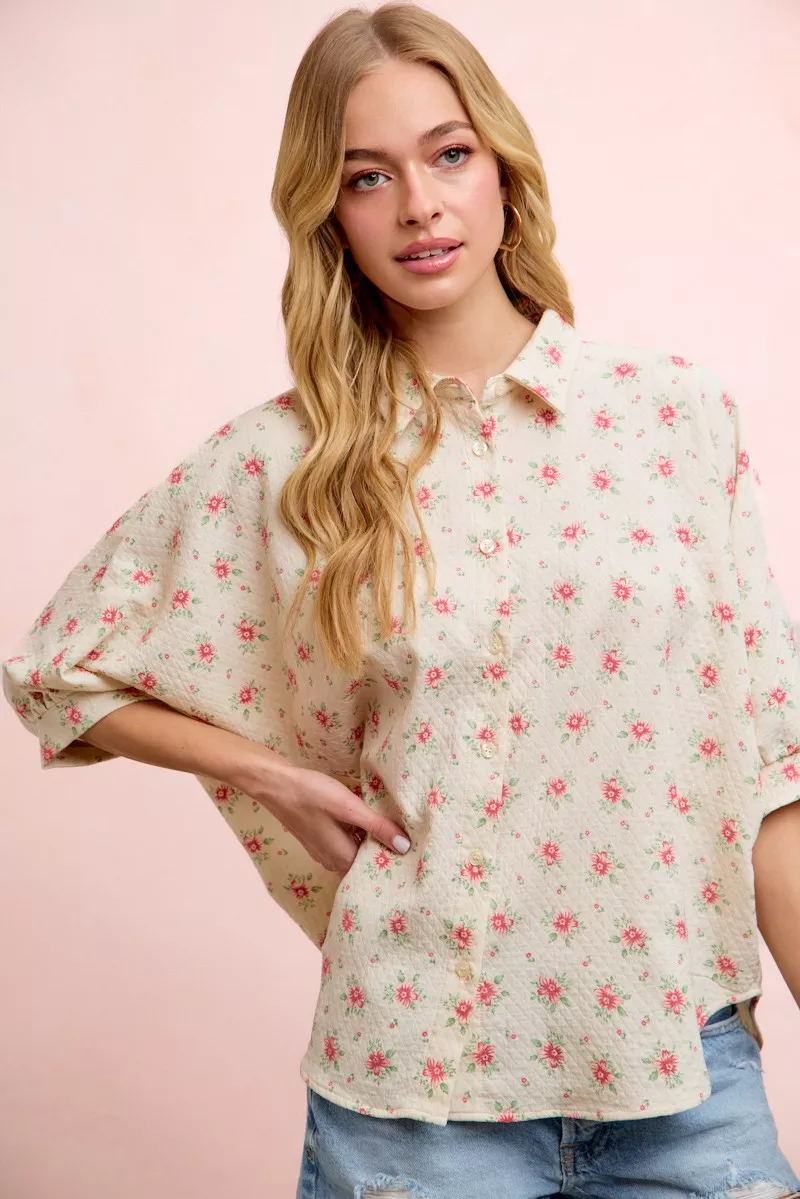 Flower Printed Short Dolman Blouse Top, image 2
