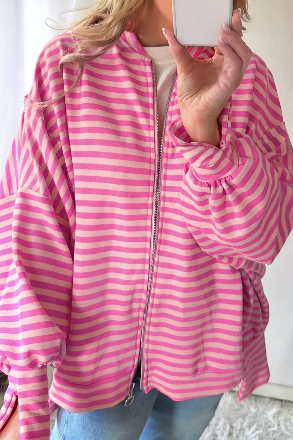 Stripe Striped Zip-up Open Front Loose Fit Regular Length Hoodie, image 5
