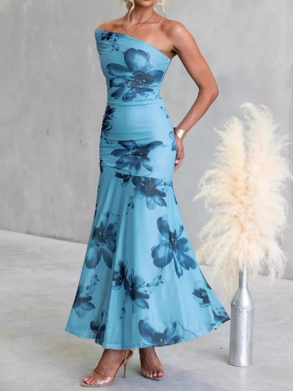 Floral Print One-Shoulder Ruched Maxi Dress, image 2