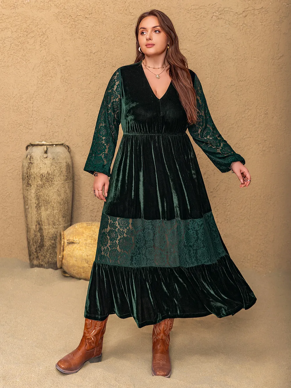 Plus Size Lace Patchwork V-Neck Balloon Sleeve Midi Dress, image 8