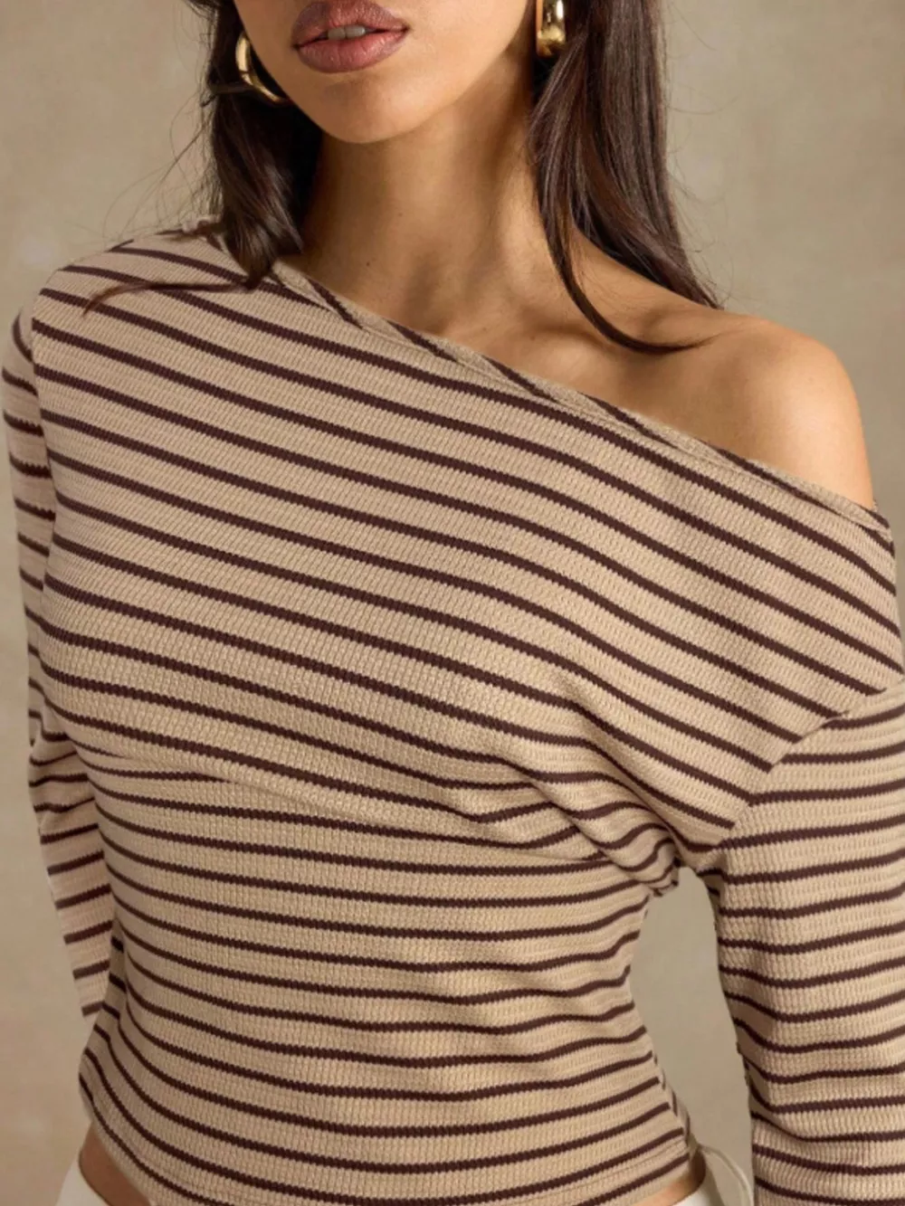 Off-Shoulder Striped Ribbed Long Sleeve T-Shirt, image 14