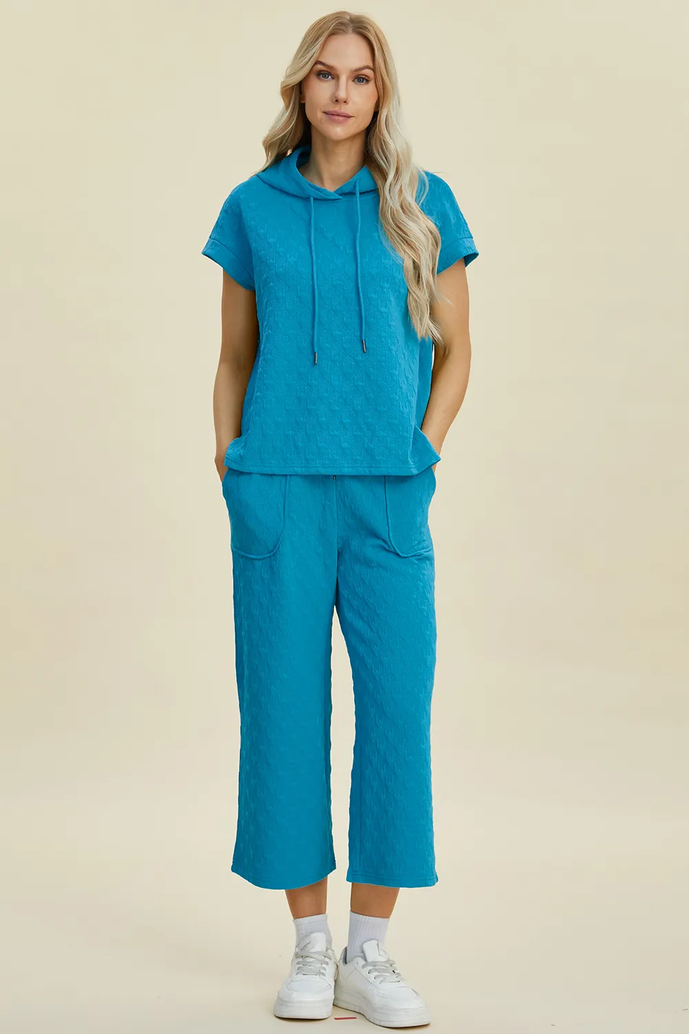 Full Size Texture Drawstring Short Sleeve Hoodie and Pocketed Pants Set, image 11