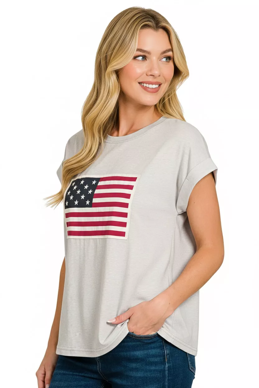 US Flag Round Neck Short Sleeve T-Shirt, image 3