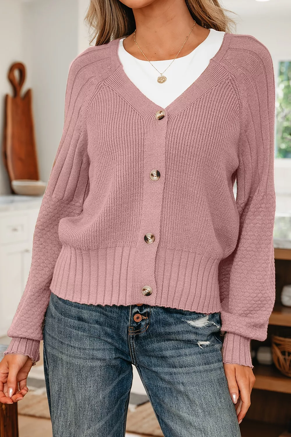 V-Neck Button-Down Cardigan, image 2