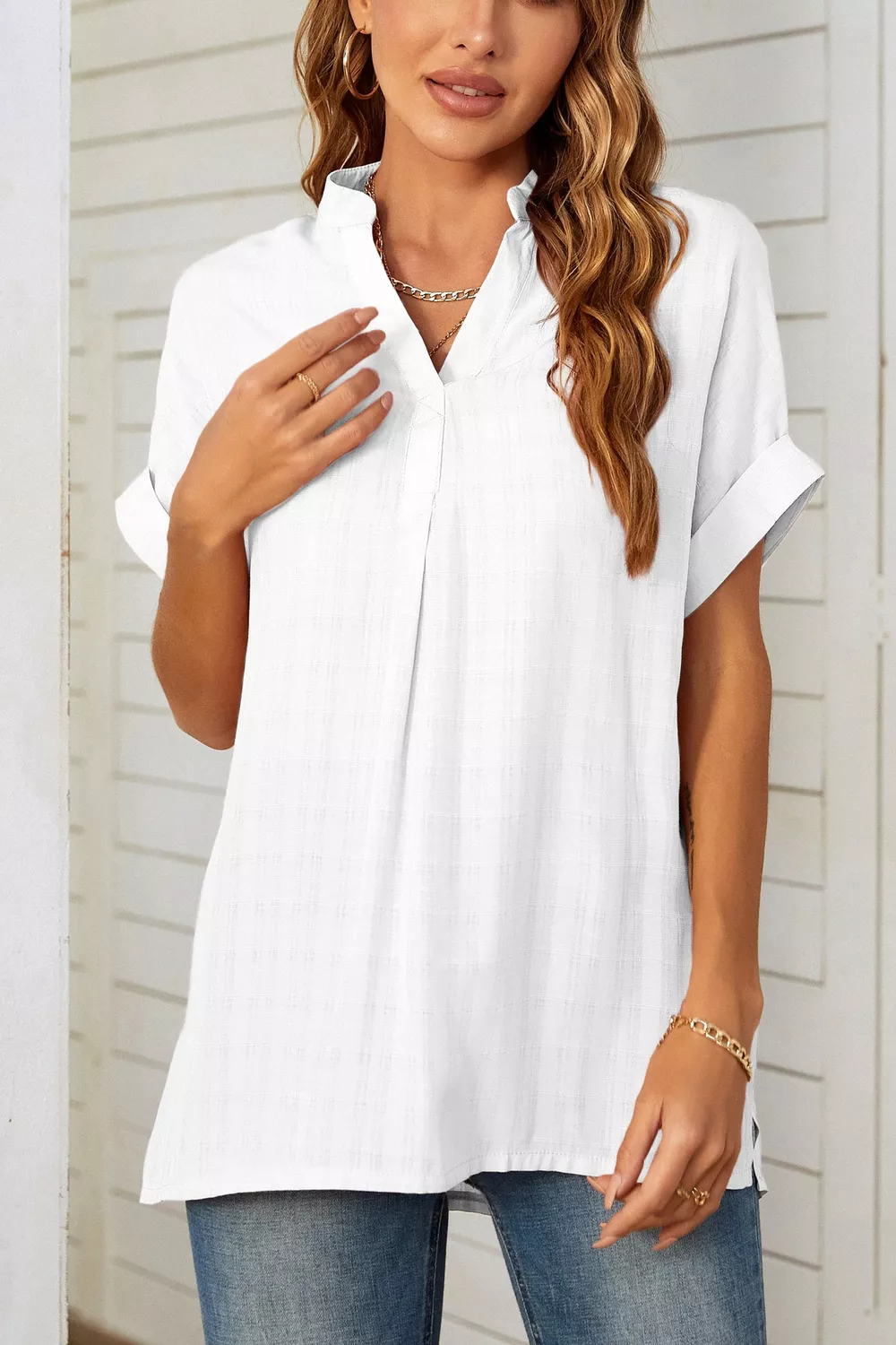 Notched Short Sleeve Blouse, image 9