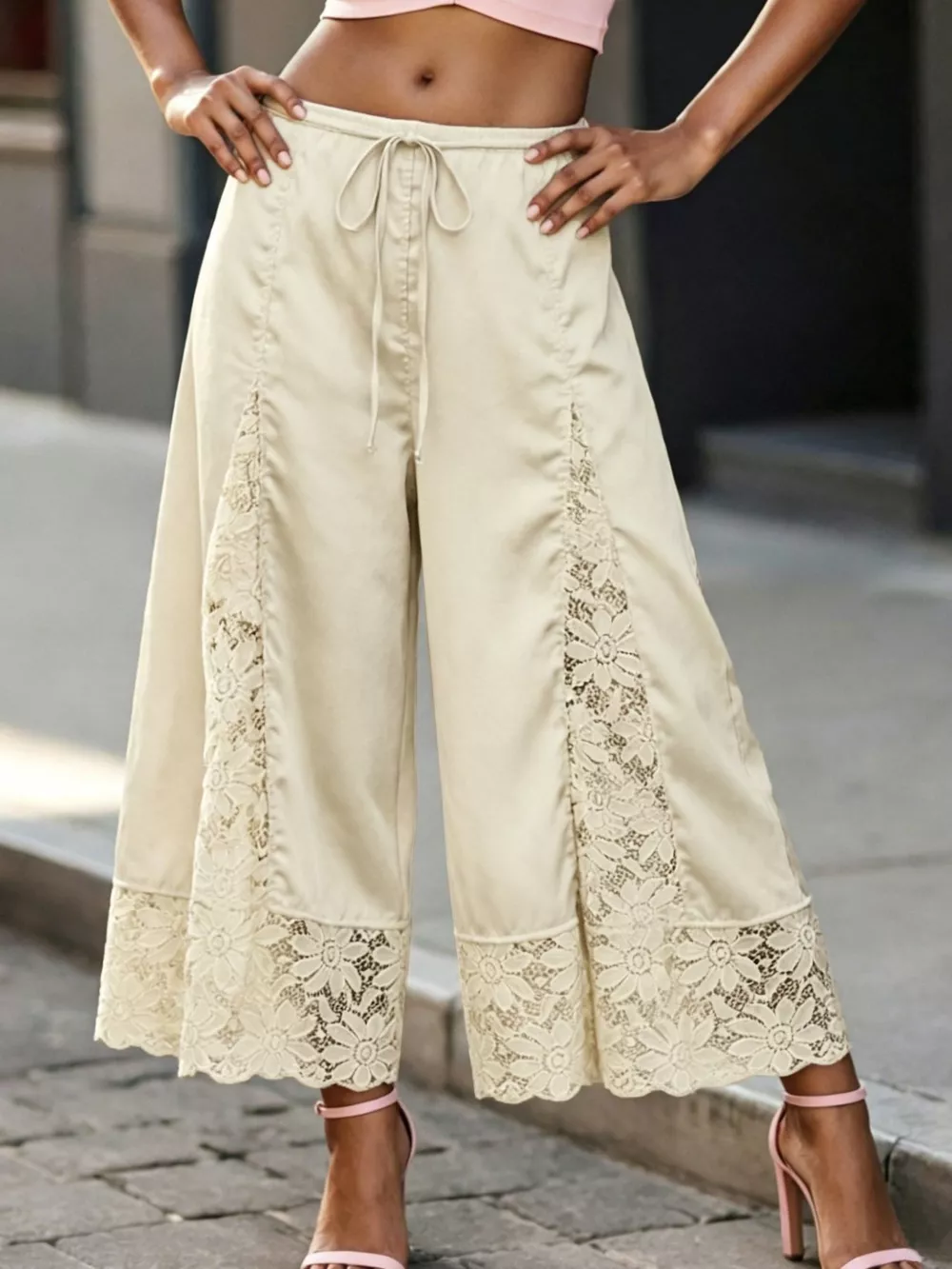 Lace Trim Wide-Leg Cropped Pants, image 33