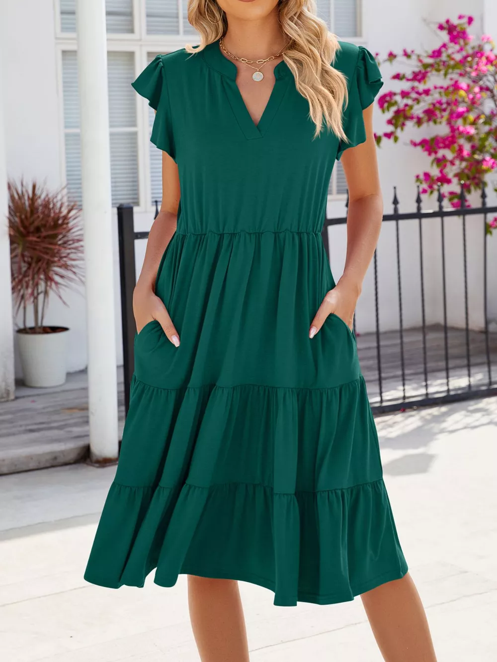 Ruffled Notched Tiered Midi Dress, image 27