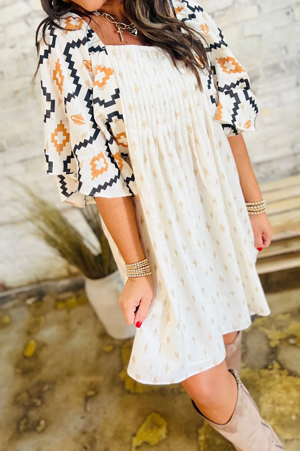 Geometric Square Neck Half Sleeve Mini Dress, image 5