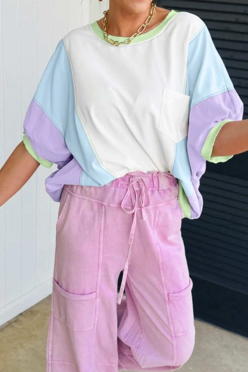 Color Block Patchwork Half Sleeve Oversized T Shirt, image 12