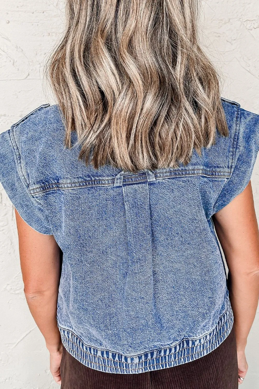 Button Up Cap Sleeve Denim Jacket, image 14