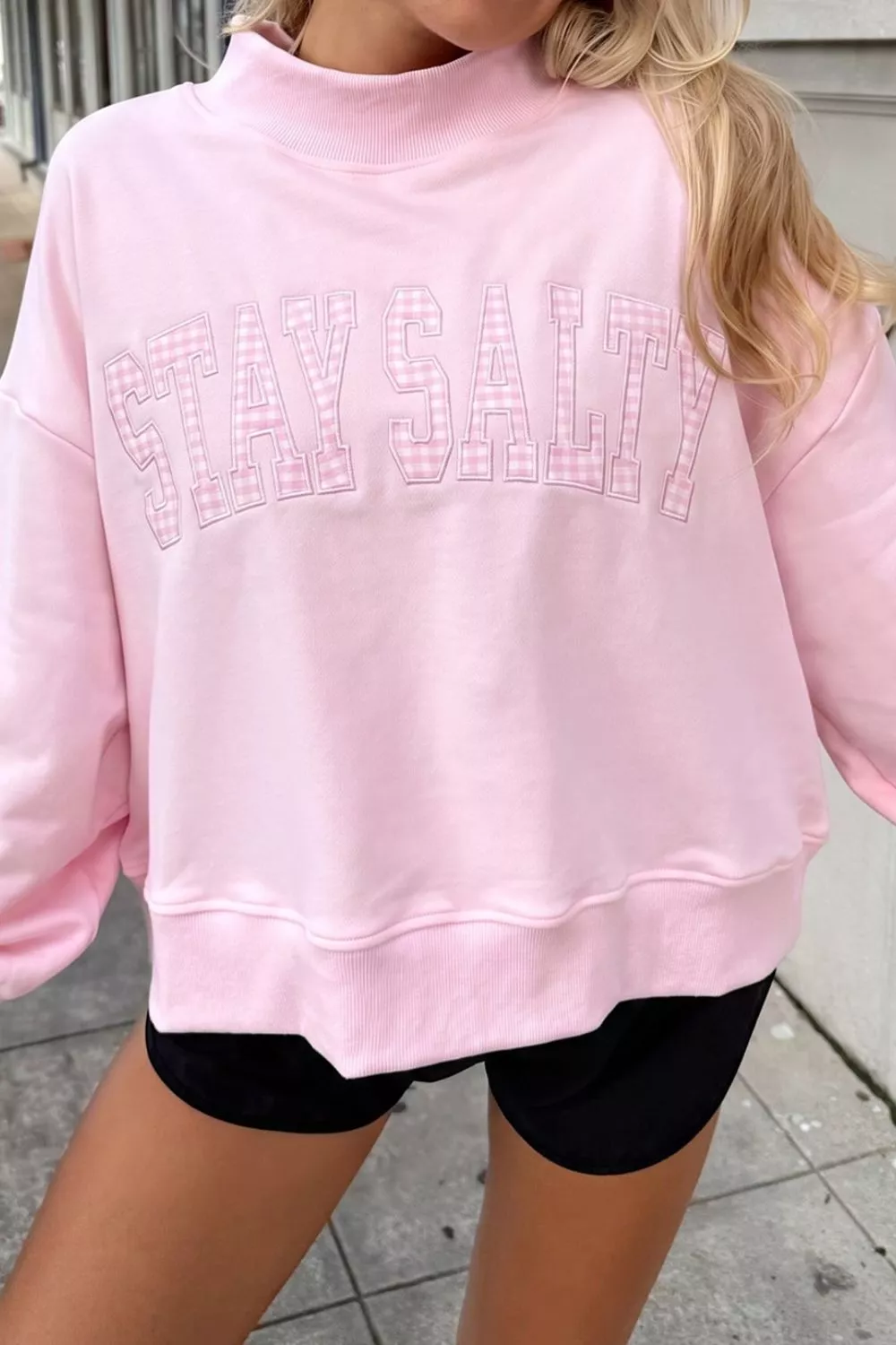 Embroidered Long Sleeve Stand Neck Shift Pullover Sweatshirt, image 4