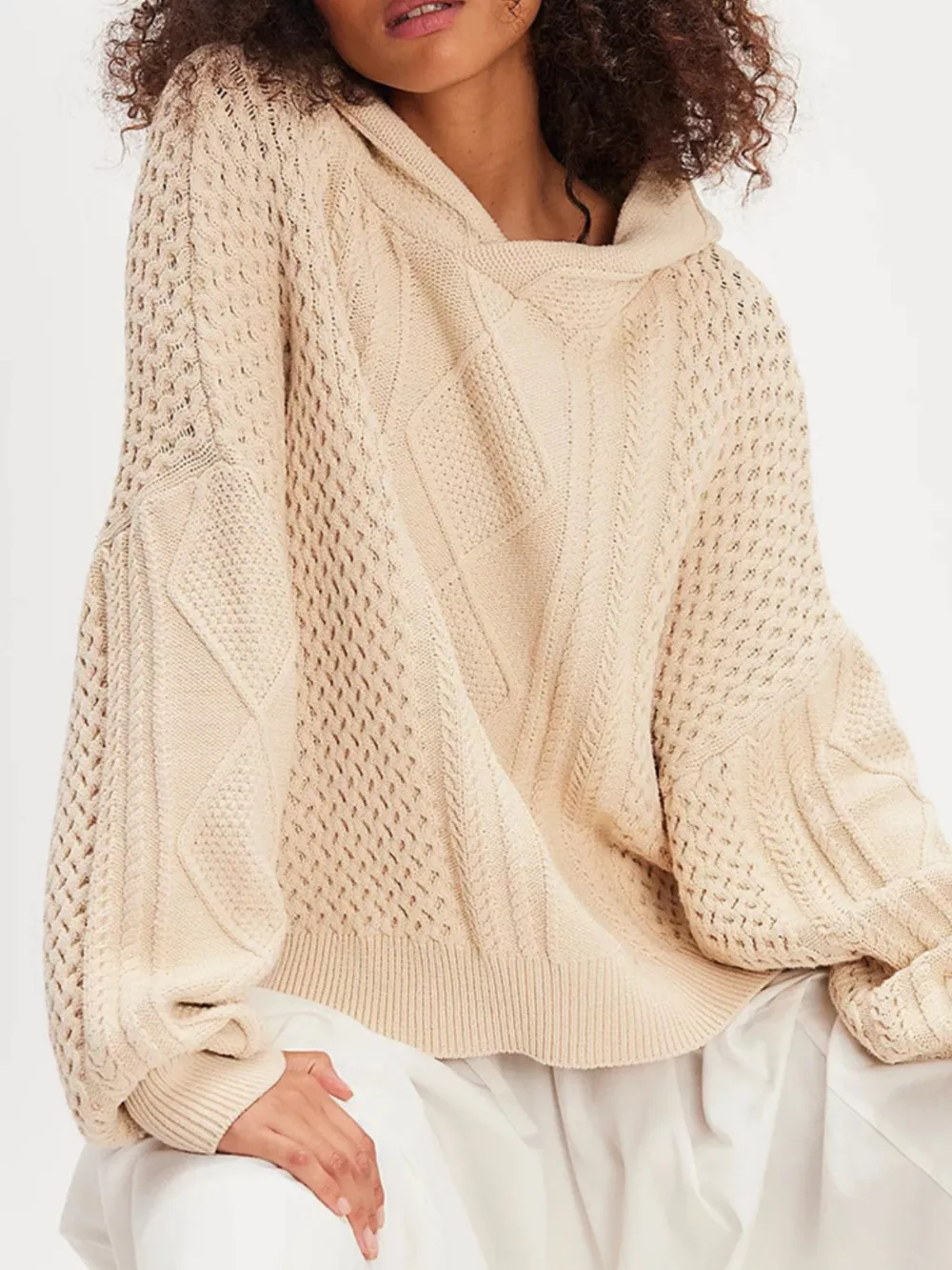 Texture Knit Long Sleeve Hooded Sweater, image 3