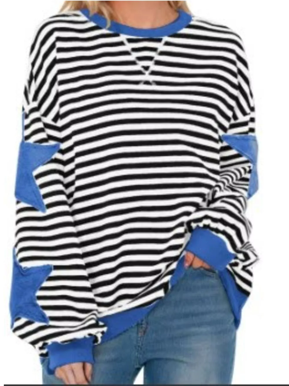 Full Size Star Patch Striped Oversized Sweatshirt Plus Size, image 5