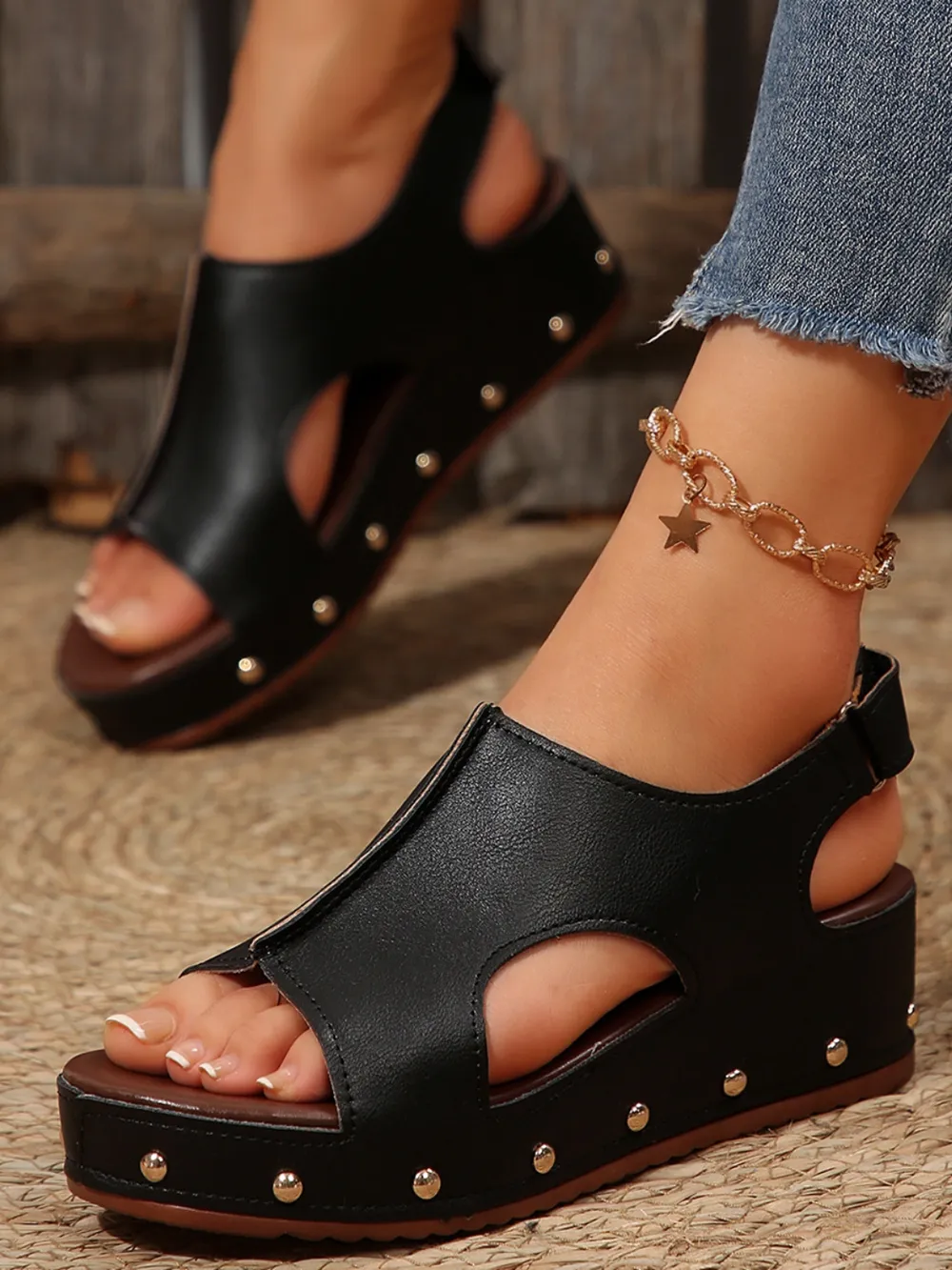 PU Leather Studded Wedge Sandals, image 9