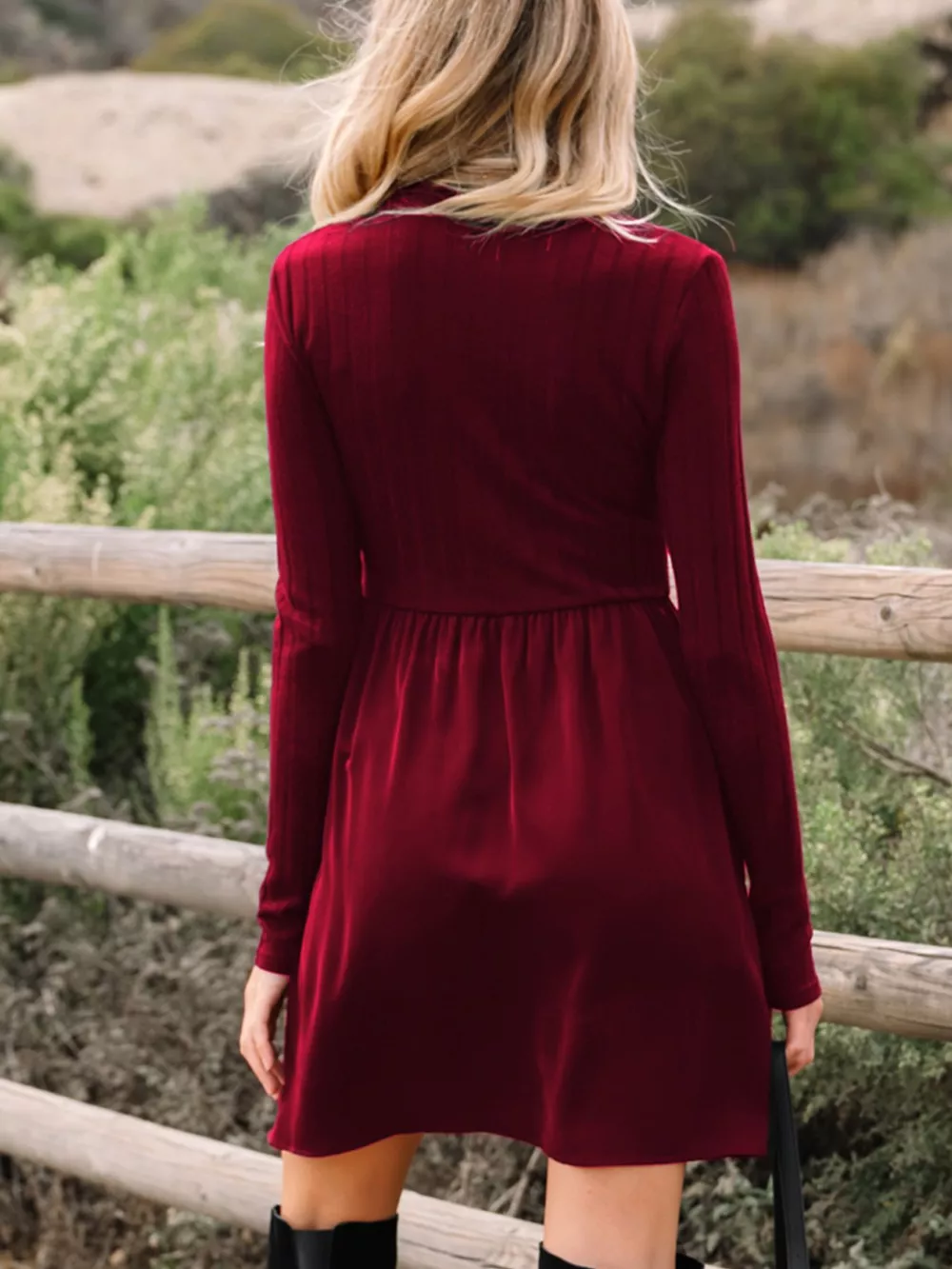 Frilled Neck Ribbed Knit Patchwork Long Sleeve Mini Dress, image 5