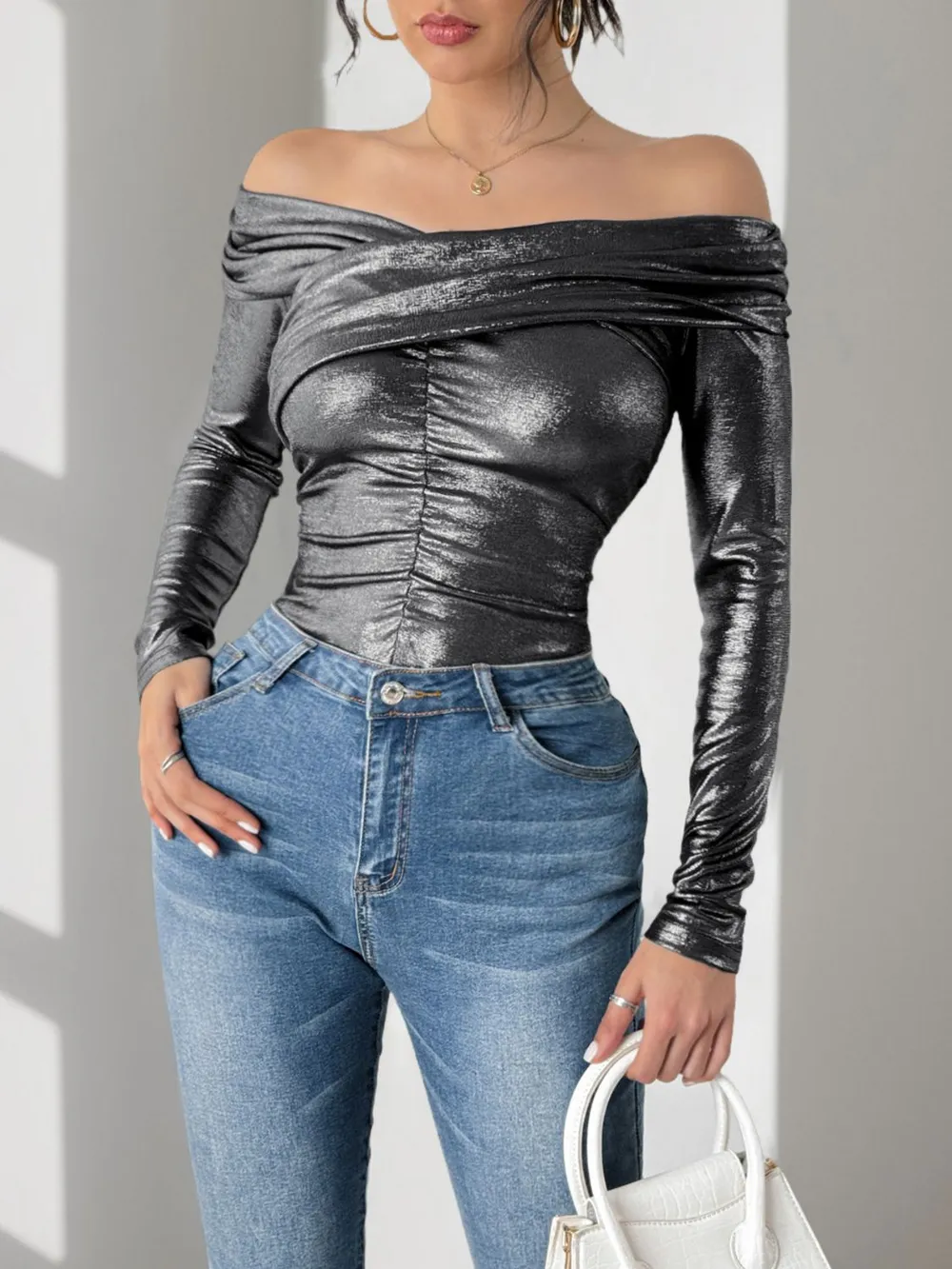 Ruched Off-Shoulder Long Sleeve Bodysuit, image 4