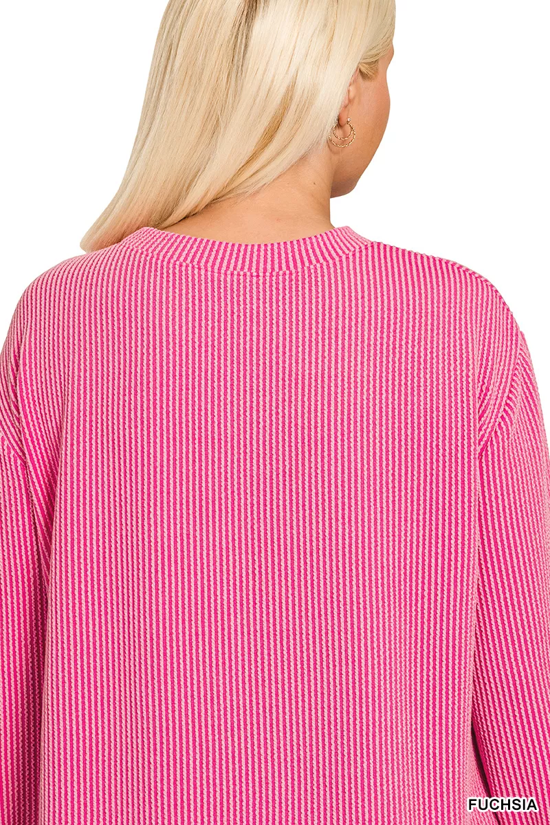 Full Size Raised Rib Round Neck Long Sleeve Top Plus Size, image 7