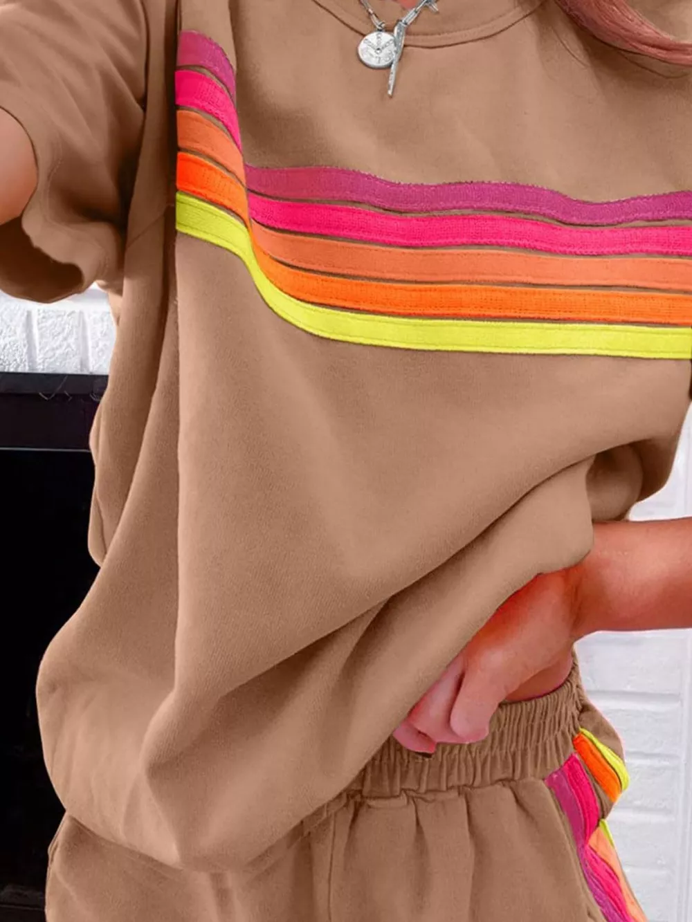 Rainbow Striped Round Neck Top and Shorts Set, image 19