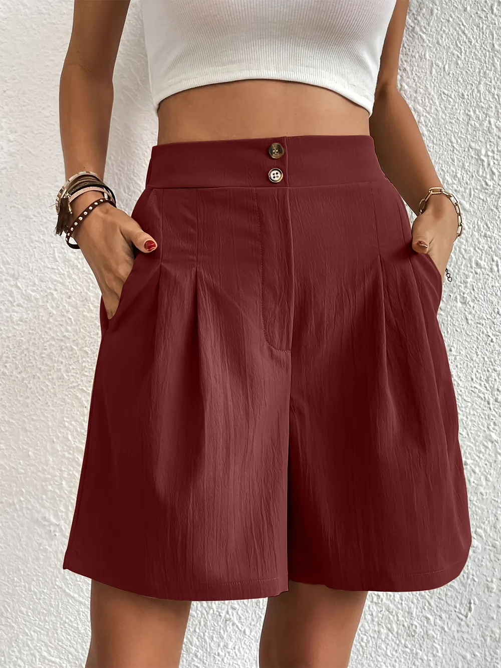 Pocketed Half Elastic Waist Shorts, image 28