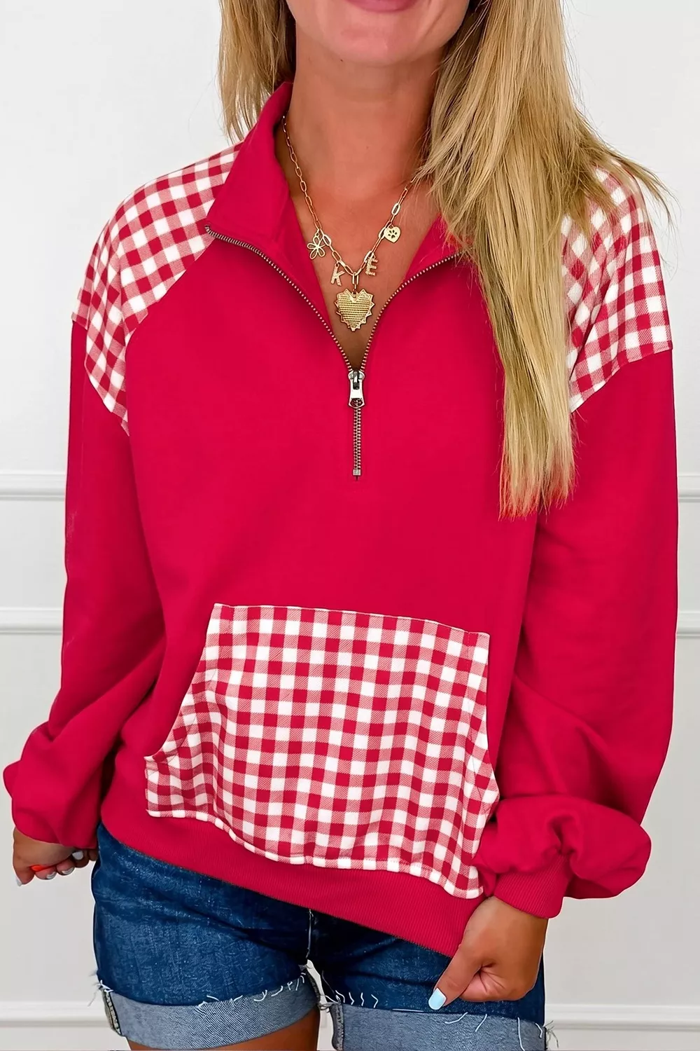 Plaid Kangaroo Pocket Quarter-Zip Sweatshirt, image 2