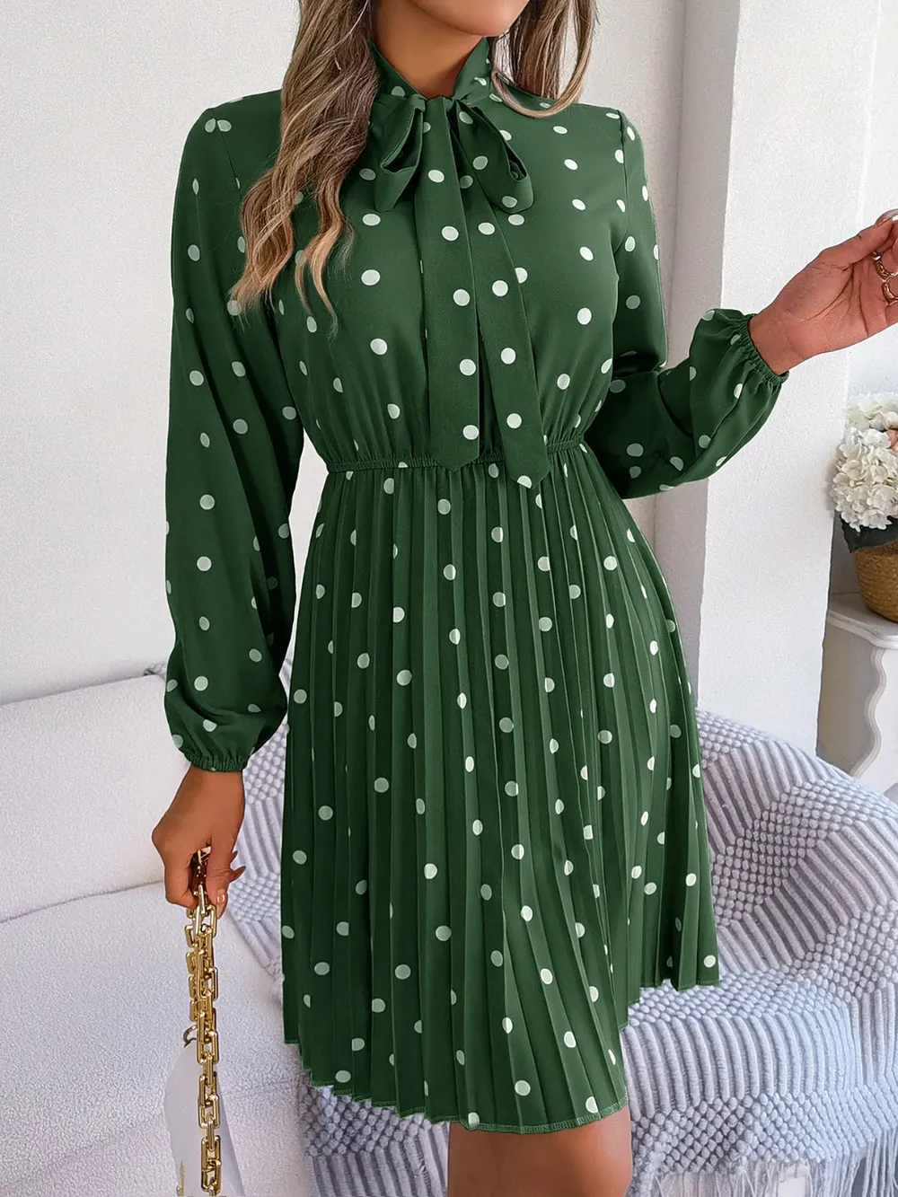 Polka Dot Tie Neck Pleated Dress, image 19