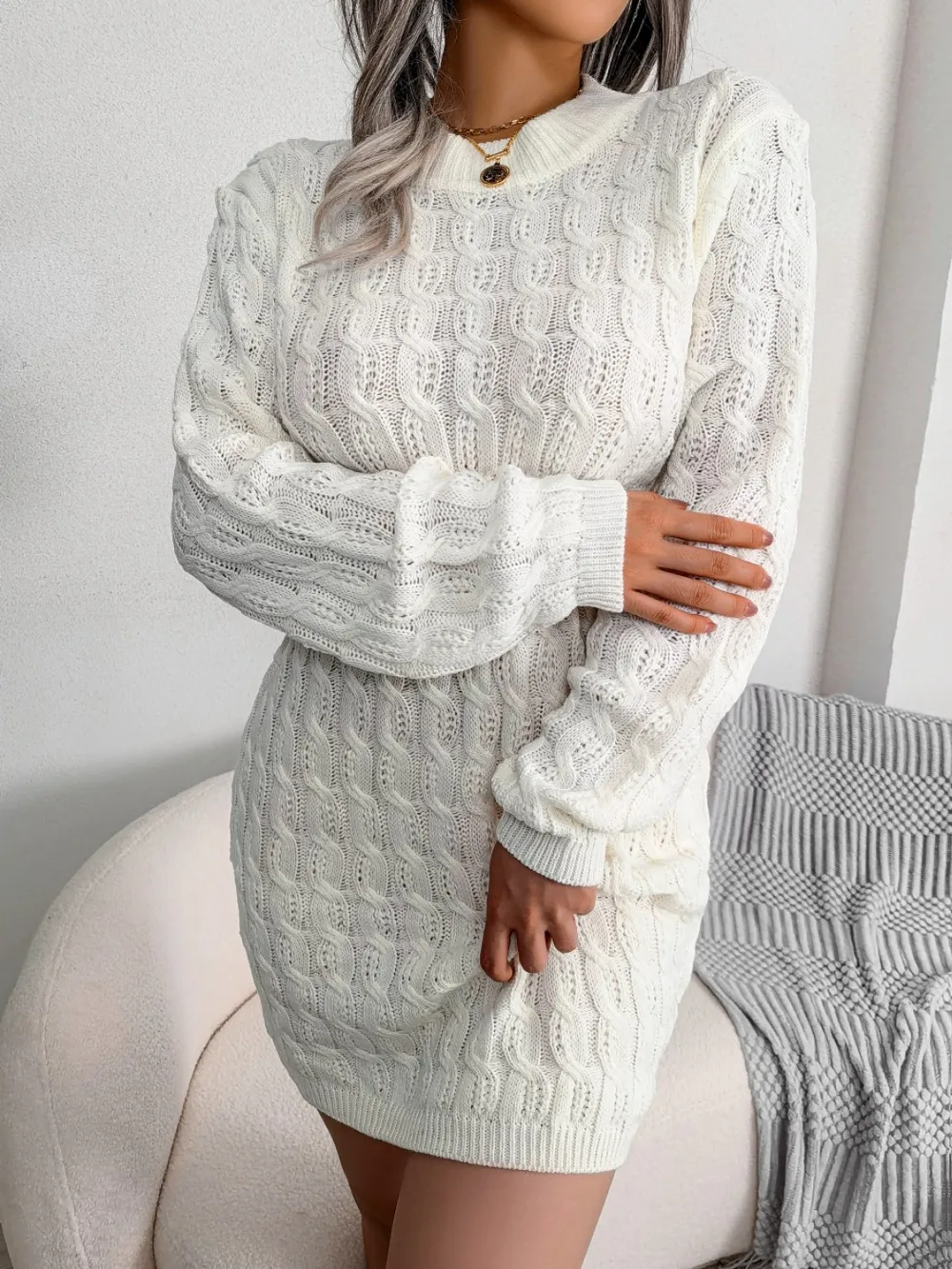Cable-Knit Round Neck Mini Wrap Sweater Dress, image 7