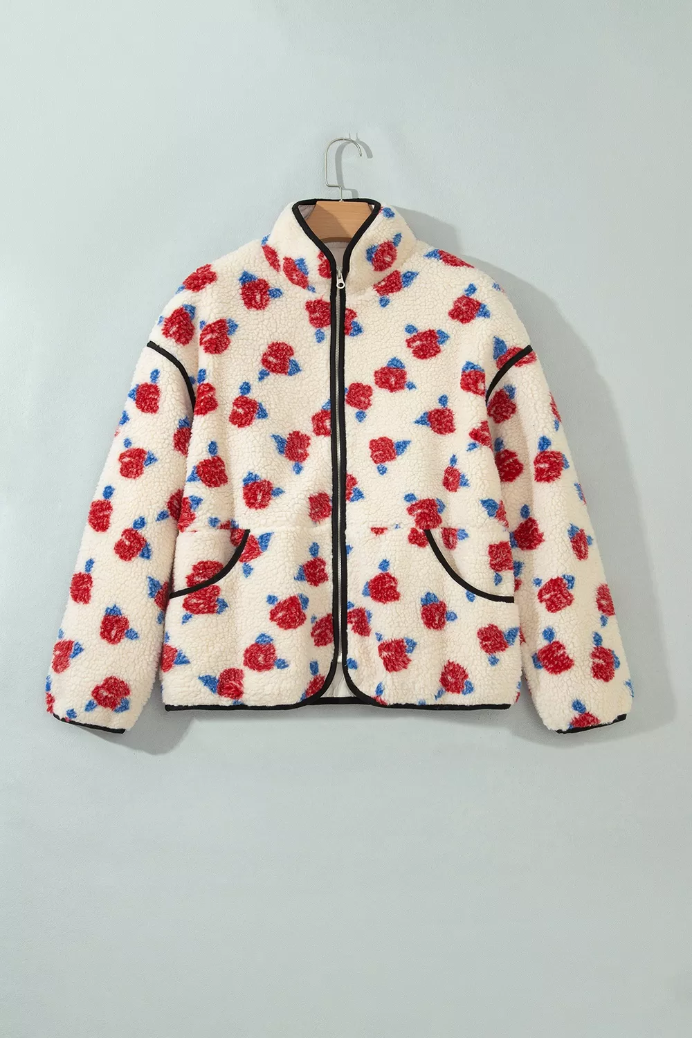 Floral Print Zipper Stand Neck Outerwear Fleece Coat, image 6