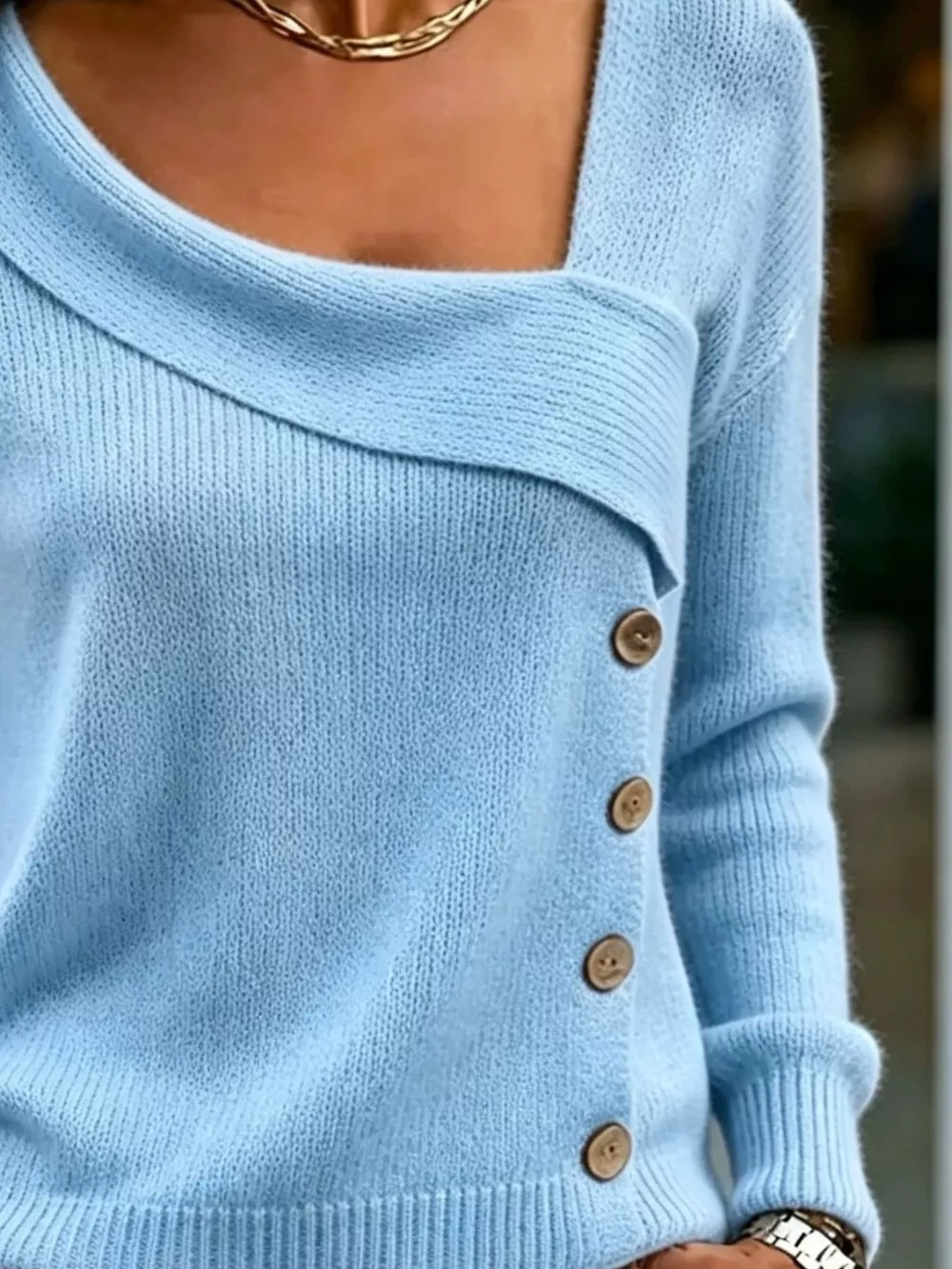 Asymmetric Neckline Button-Decorated Sweater, image 4