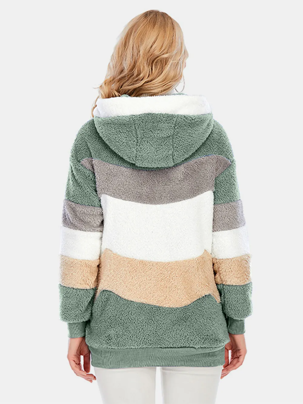 Full Size Drawstring Color Block Zip Up Hooded Outerwear, image 26