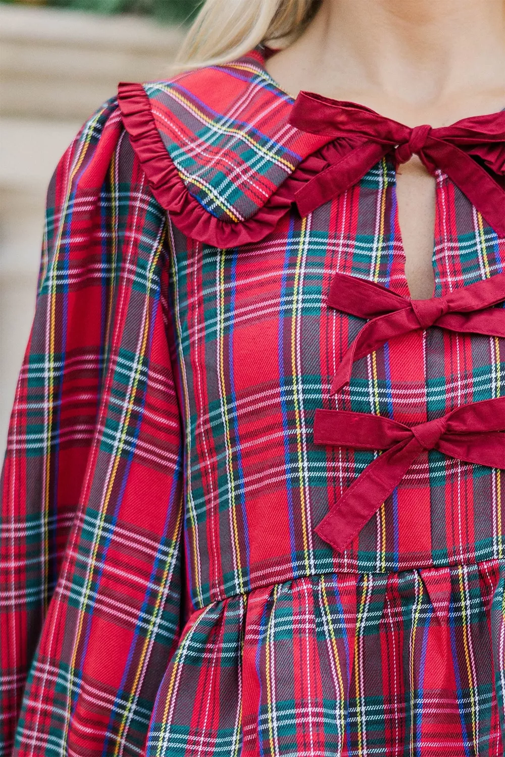Plaid Tie Neck Ruffle Cuffs Long Sleeve Shift Blouse, image 5