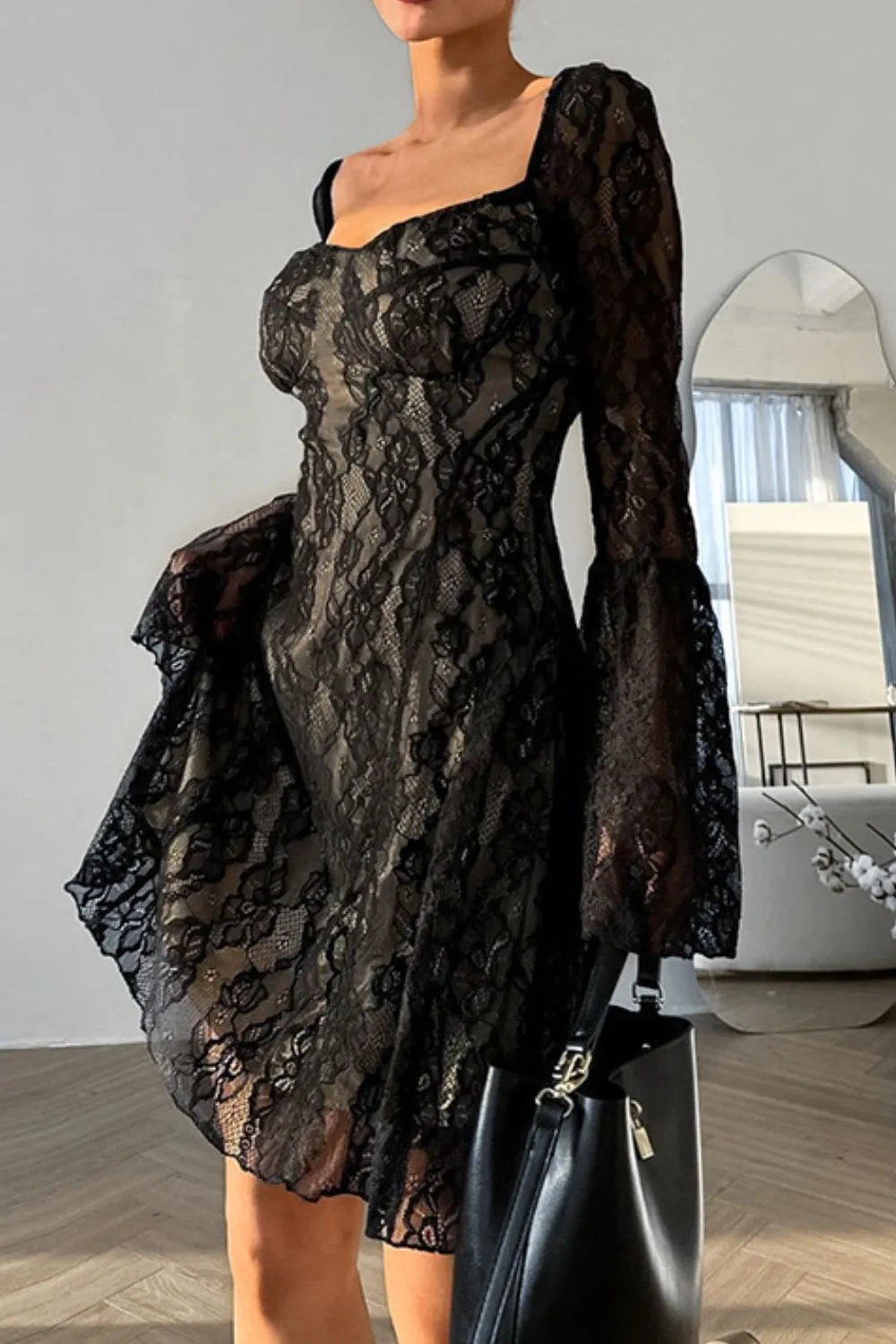 Lace Sweetheart Neck Flare Sleeve Mini Dress, image 4
