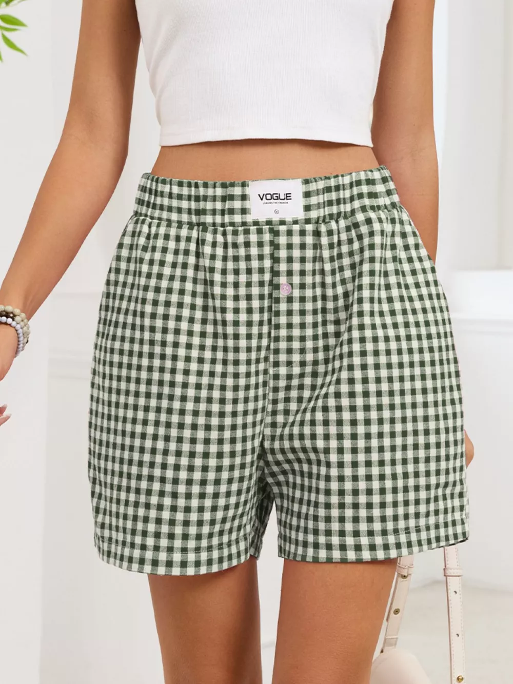 Gingham Elastic Waist Casual Shorts, image 29