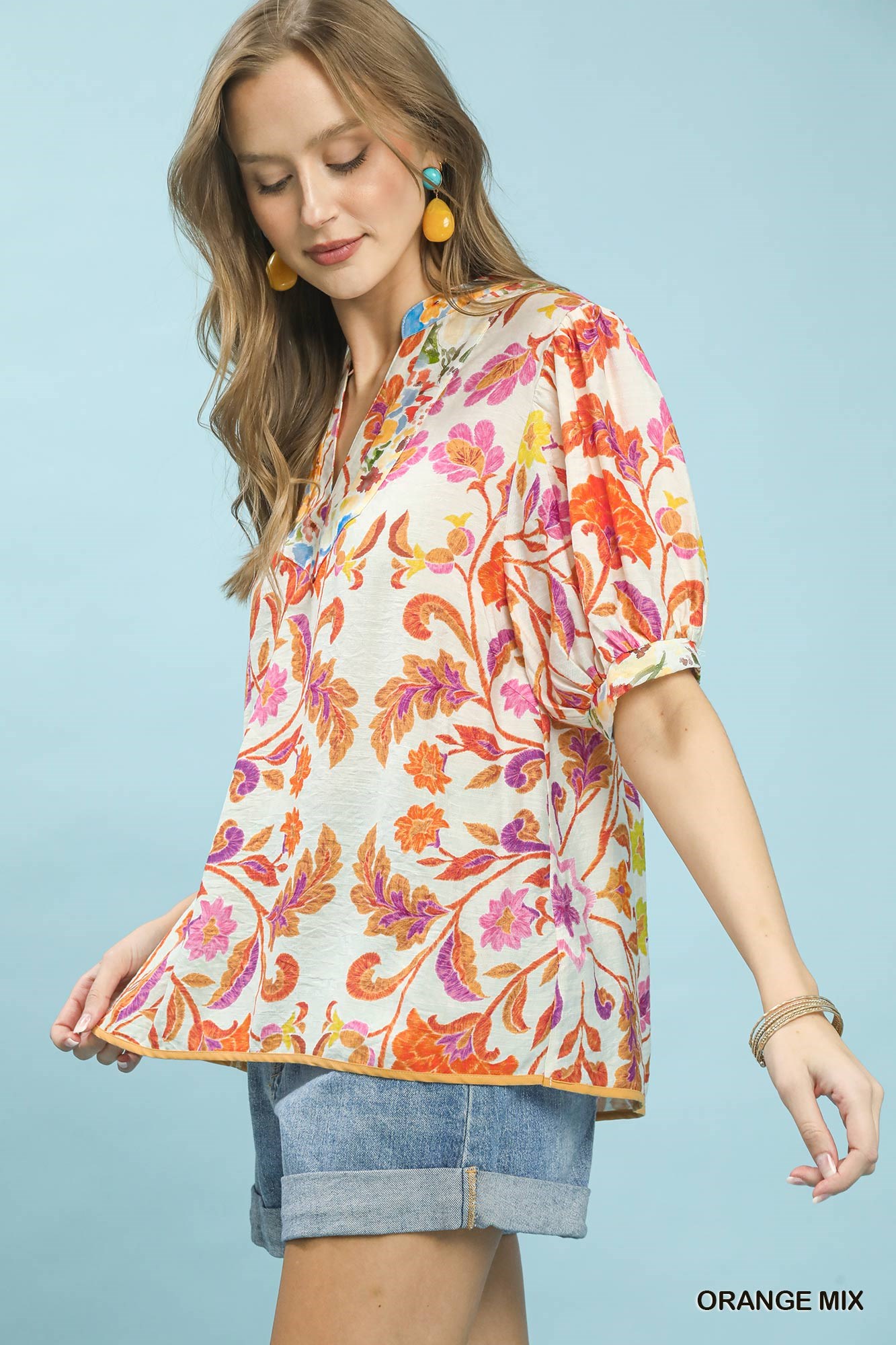 Mix Floral Split-Neck Short Sleeve Top, image 2