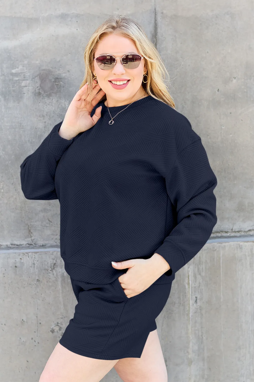 Full Size Texture Long Sleeve Top and Drawstring Shorts Set, image 36