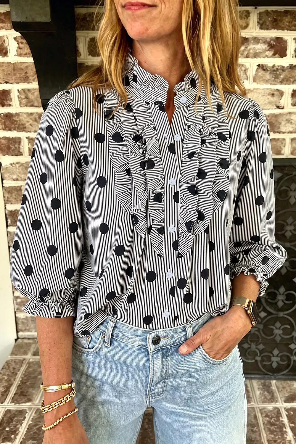 Polka Dot Ruffled Stand-Collar Shirt, image 4