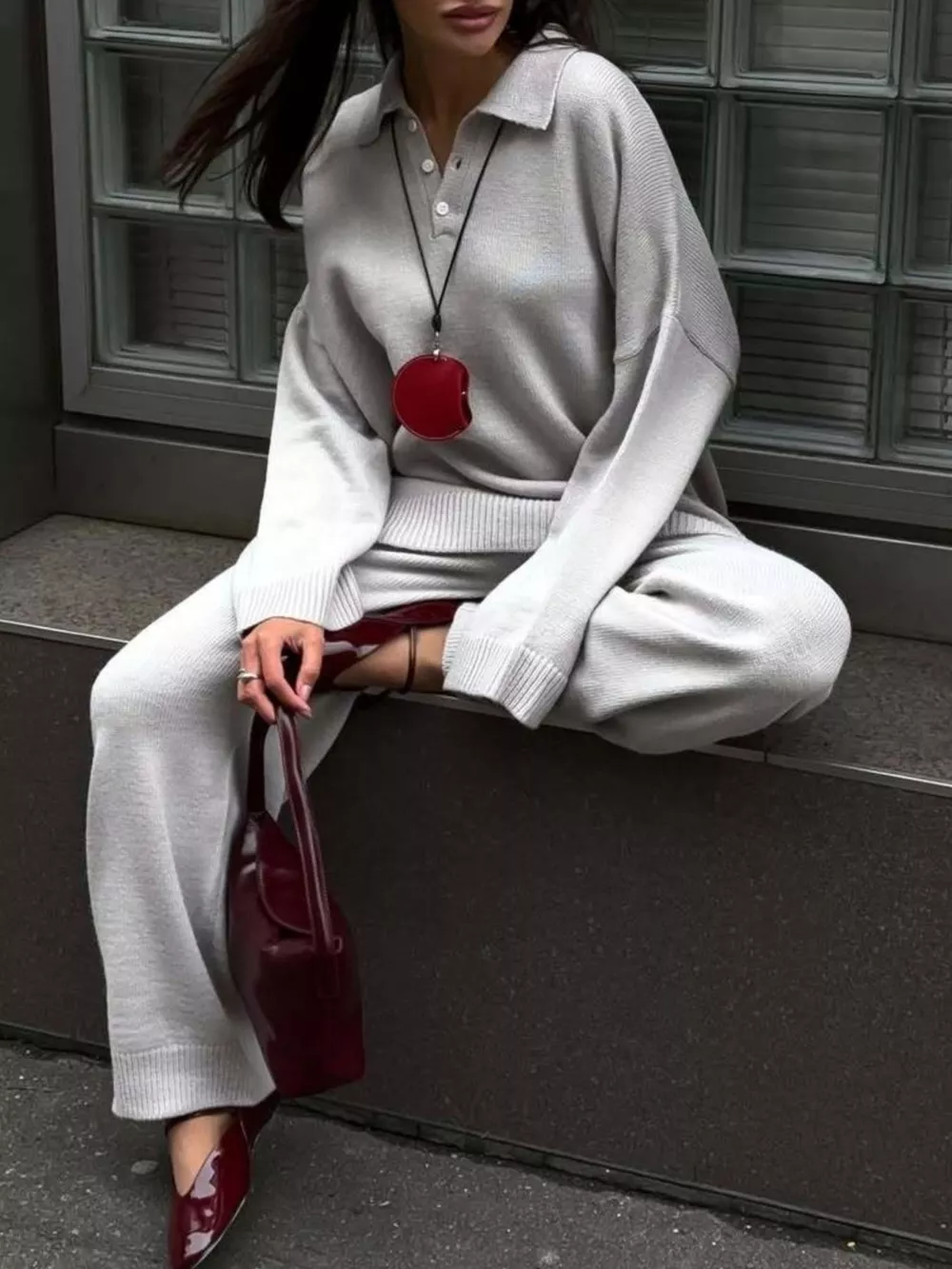 Polo Collar Top and Wide Leg Pants Knit Set, image 8