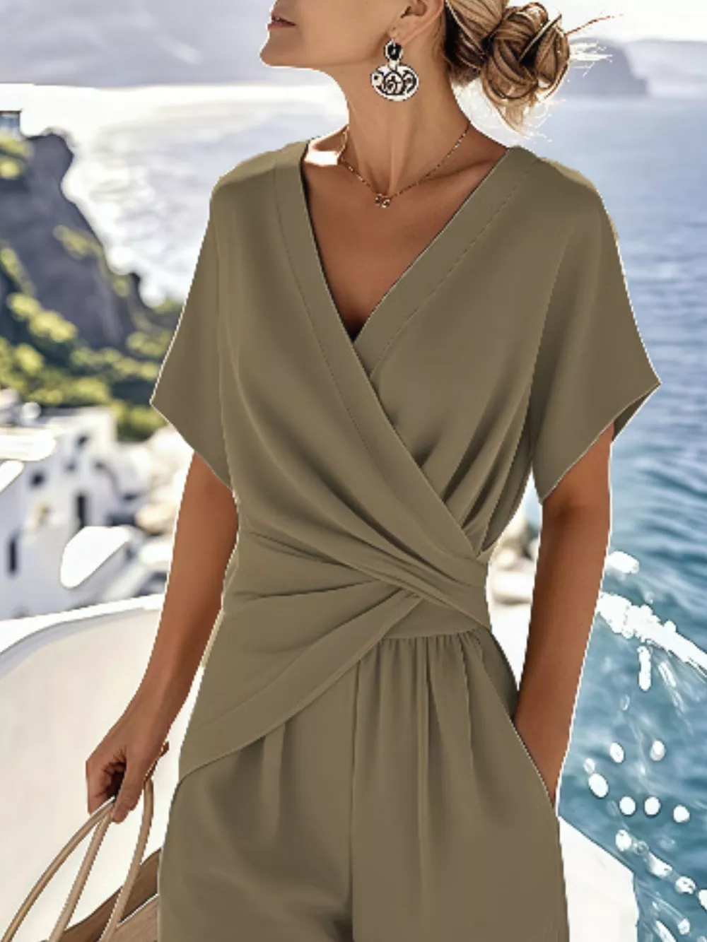 Full Size Twist-Front V-Neck Top and Pants Set Plus Size, image 8