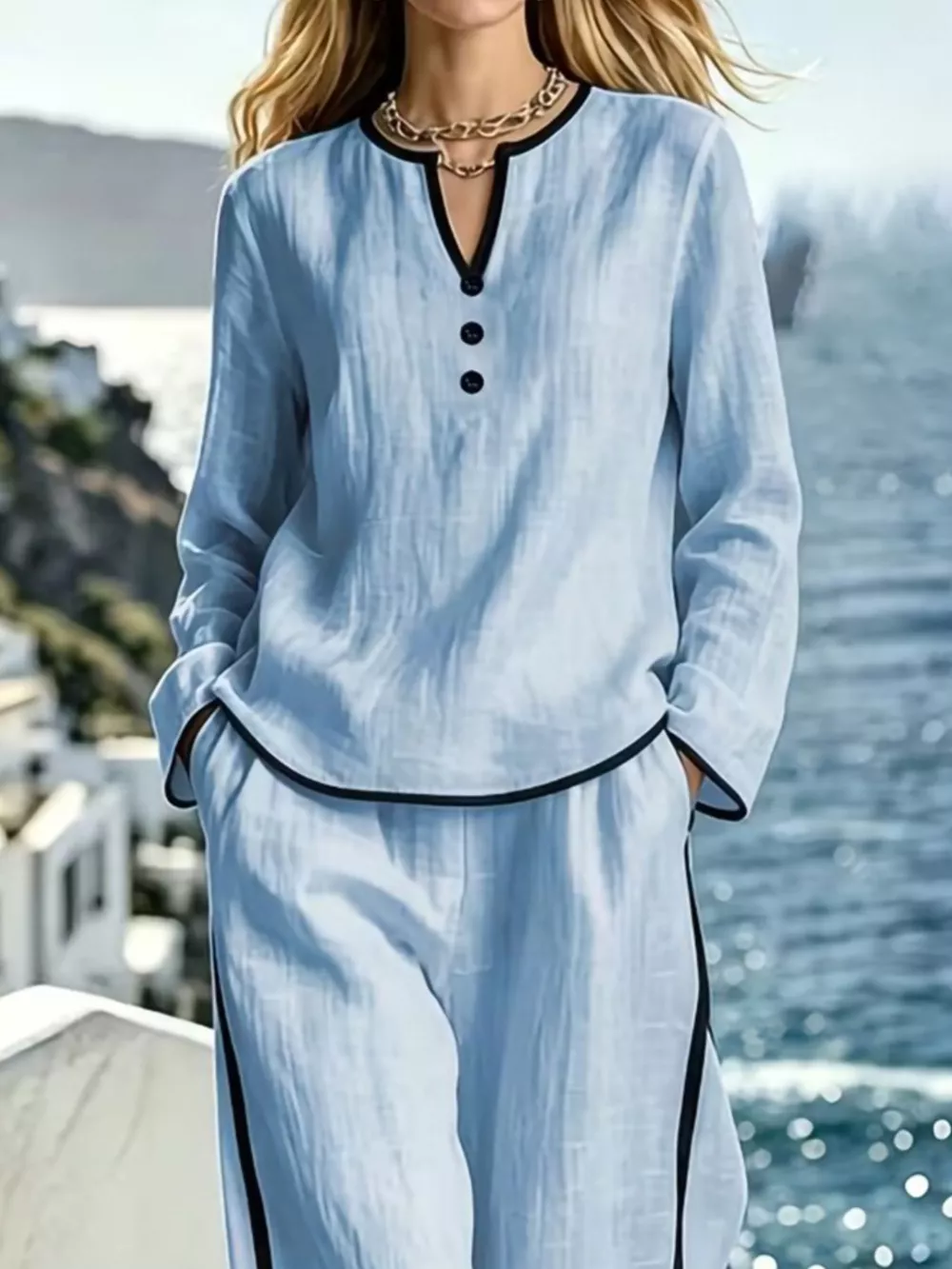 Contrast Trim Long Sleeve Top and Pants Set, image 6