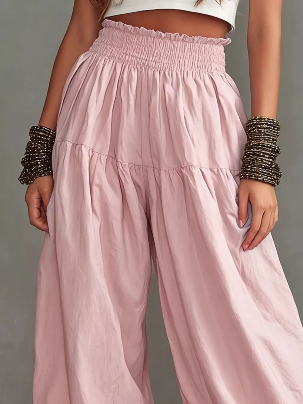 Full Size Smocked Ruffle Hem Wide Leg Pants Plus Size, image 6