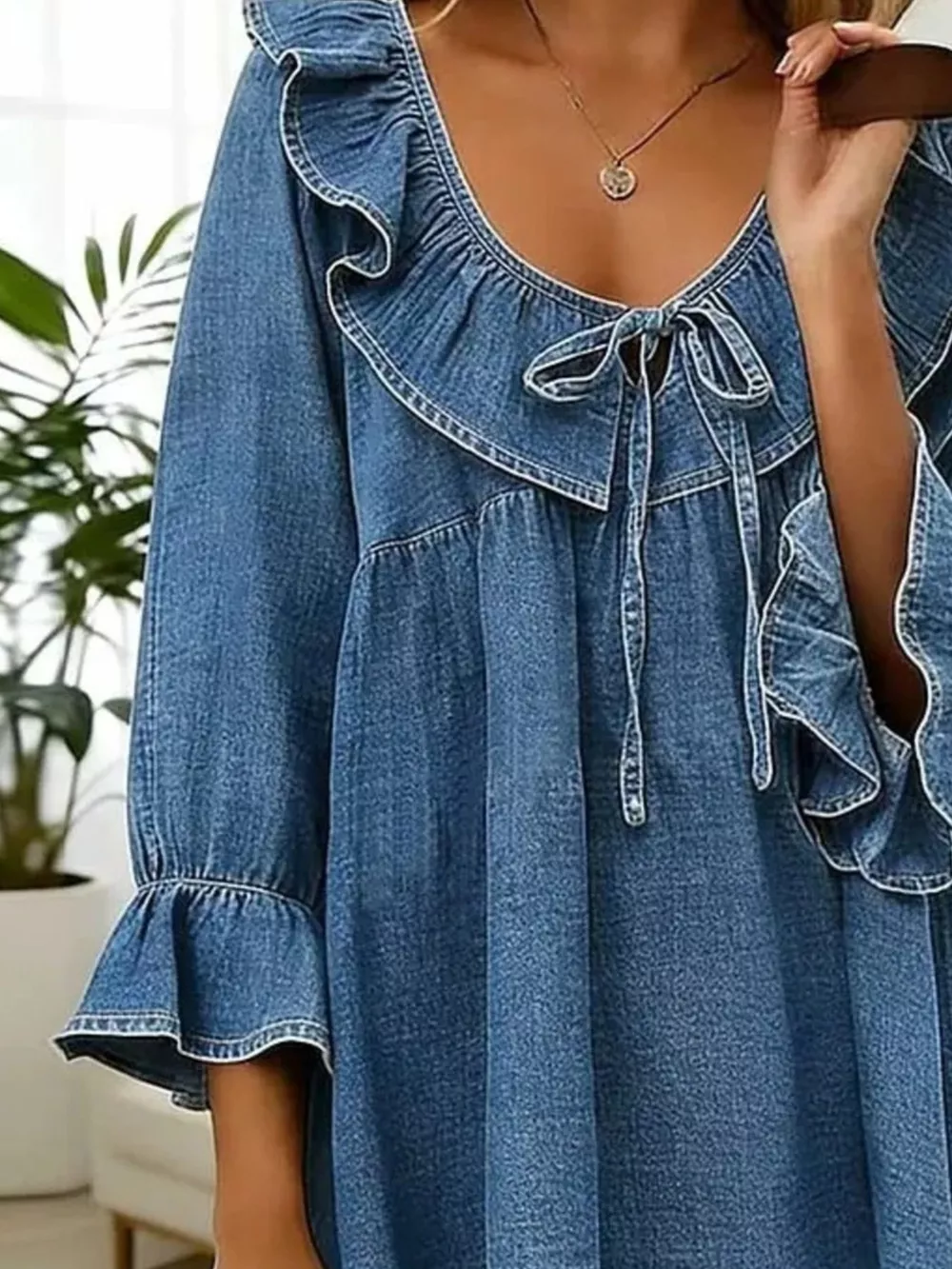 Full Size Ruffled V-Neck Denim Top with Tie-Front Detail Plus Size, image 2