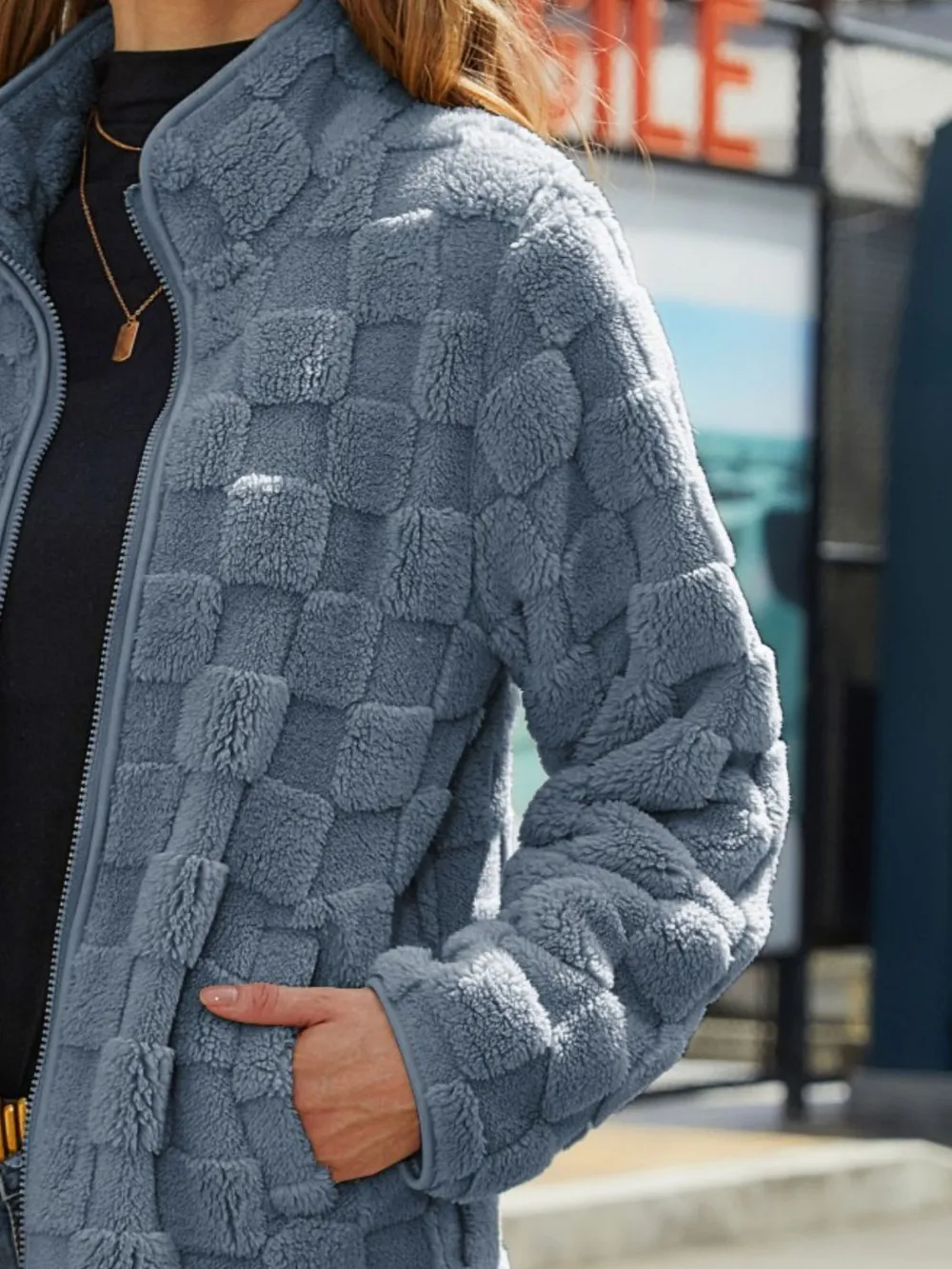 Fuzzy Checkered Zip Up Jacket, image 16